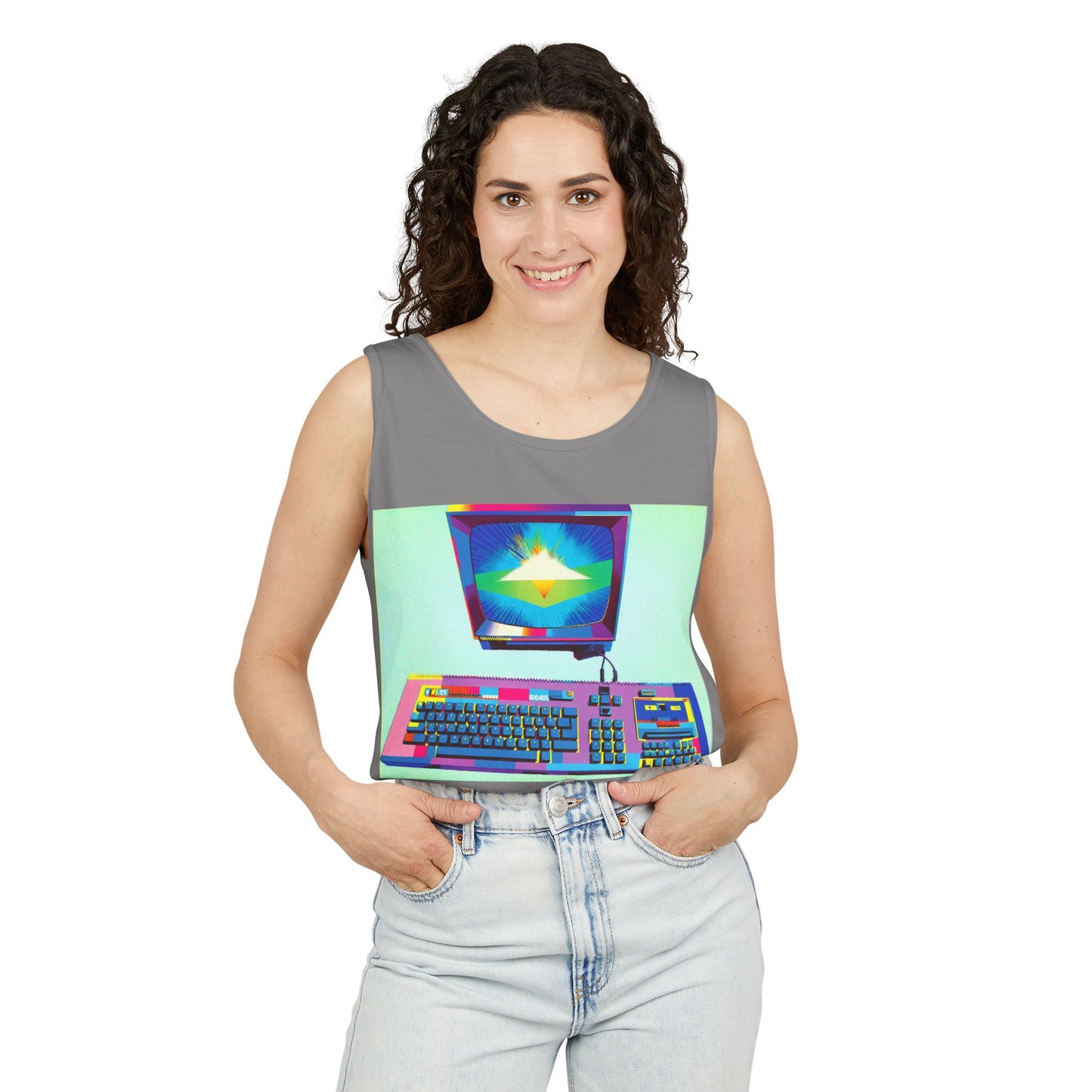 Classic 8 bit home computer inspired Tank Top | Multi-Color Art | Unisex Retro Graphic Tee for Tech Lovers, Summer Fashion, Gift for Nerds, Festival Wear, 80s Style