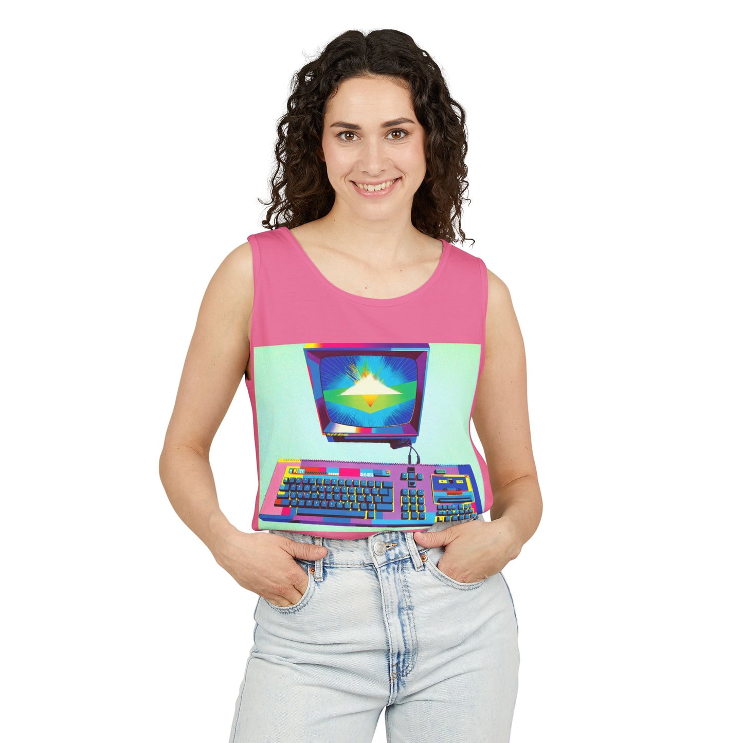 Classic 8 bit home computer inspired Tank Top | Multi-Color Art | Unisex Retro Graphic Tee for Tech Lovers, Summer Fashion, Gift for Nerds, Festival Wear, 80s Style