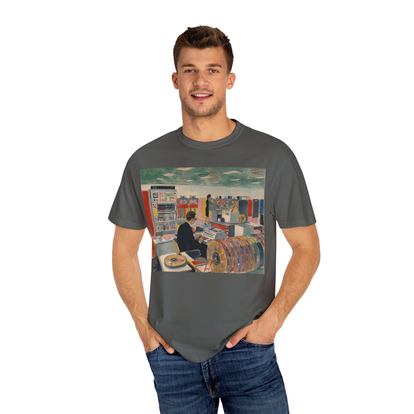 Classic Mainframe Computer T-Shirt with control panel on back - Modern Art Color