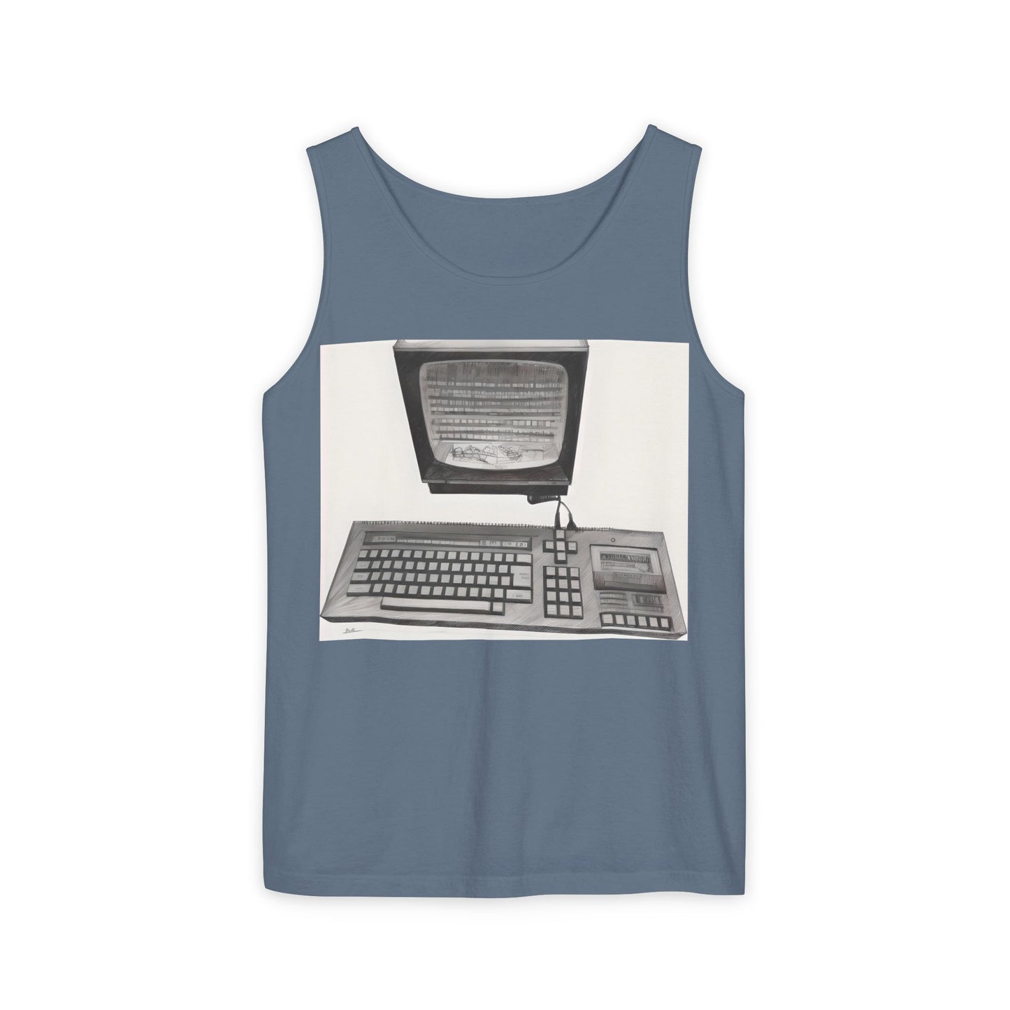 Classic 8 bit home computer inspired Tank Top | Monochrome Art | Unisex Retro Graphic Tee for Tech Lovers, Summer Fashion, Gift for Nerds, Festival Wear, 80s Style