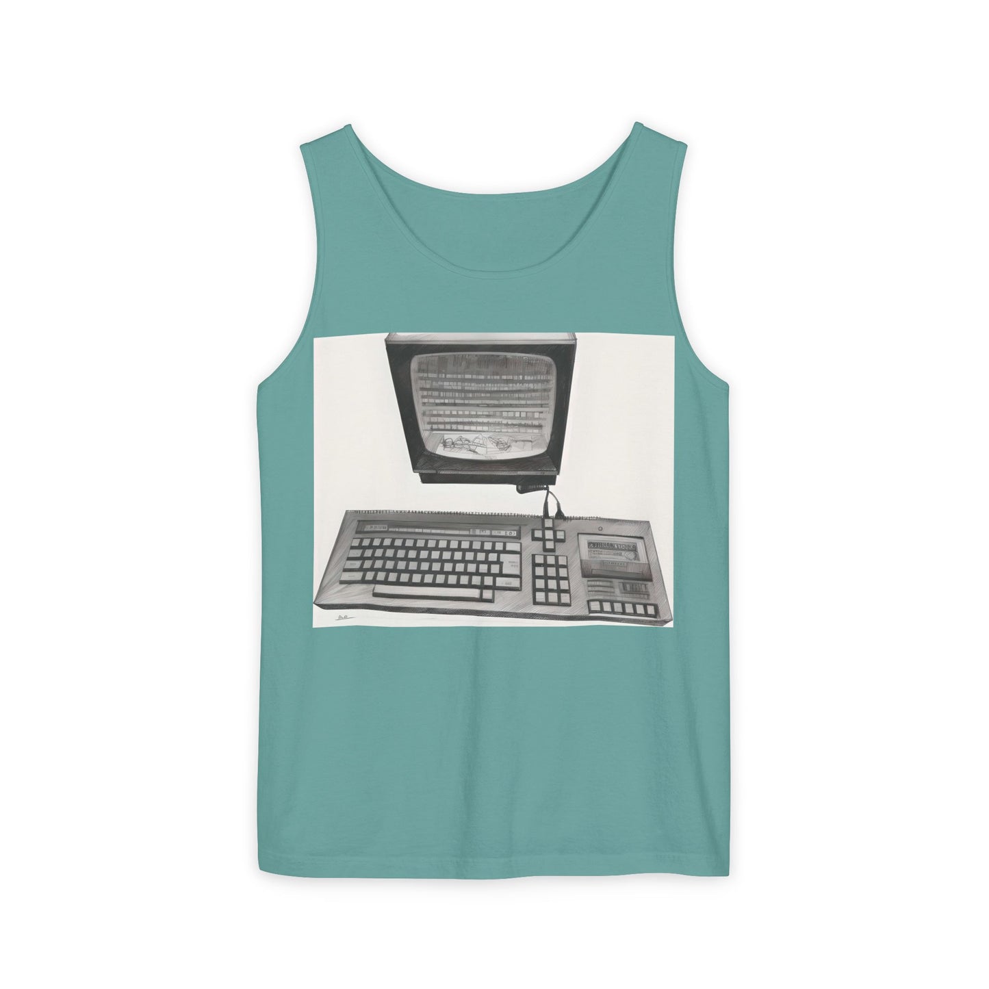 Classic 8 bit home computer inspired Tank Top | Monochrome Art | Unisex Retro Graphic Tee for Tech Lovers, Summer Fashion, Gift for Nerds, Festival Wear, 80s Style