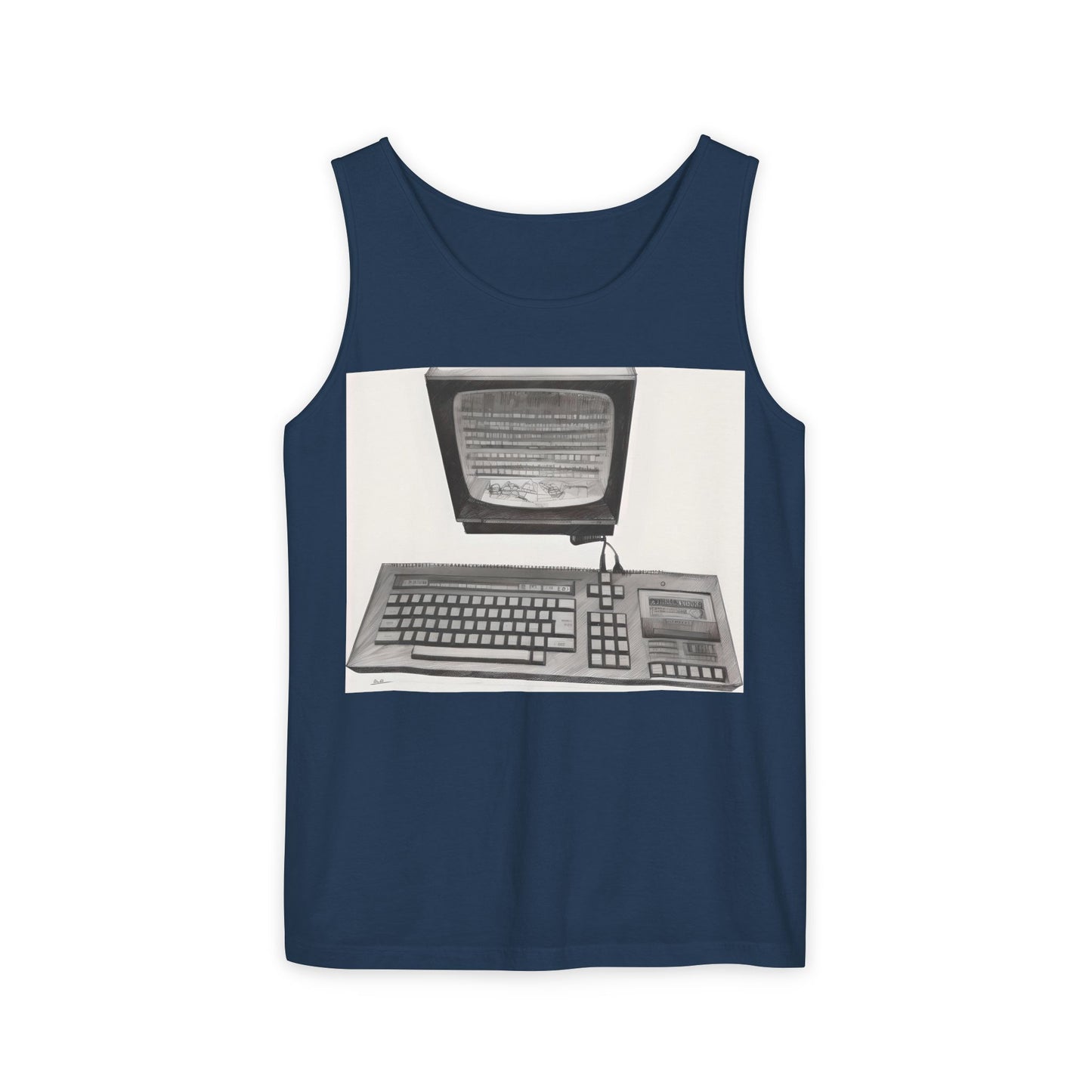 Classic 8 bit home computer inspired Tank Top | Monochrome Art | Unisex Retro Graphic Tee for Tech Lovers, Summer Fashion, Gift for Nerds, Festival Wear, 80s Style