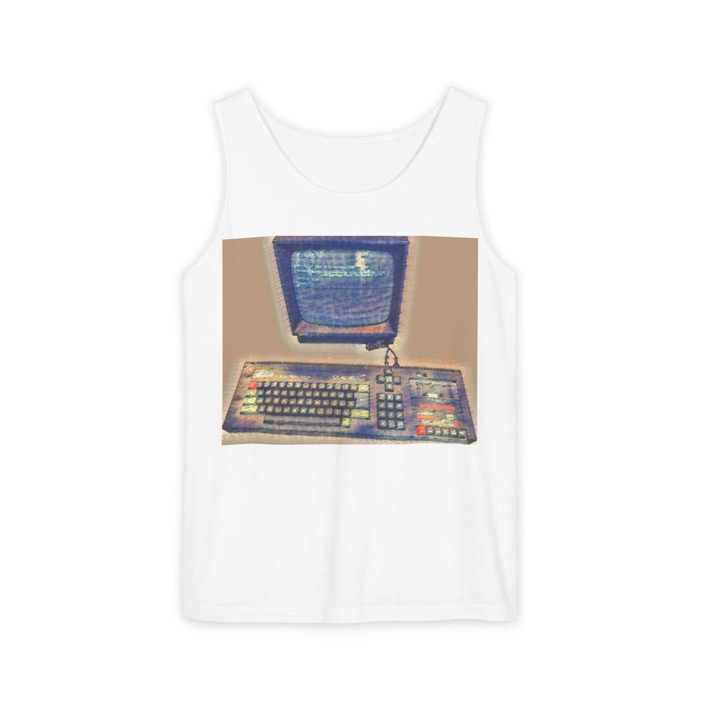 Classic 8 bit home computer inspired Tank Top | Sand Art Color | Unisex Retro Graphic Tee for Tech Lovers, Summer Fashion, Gift for Nerds, Festival Wear, 80s Style