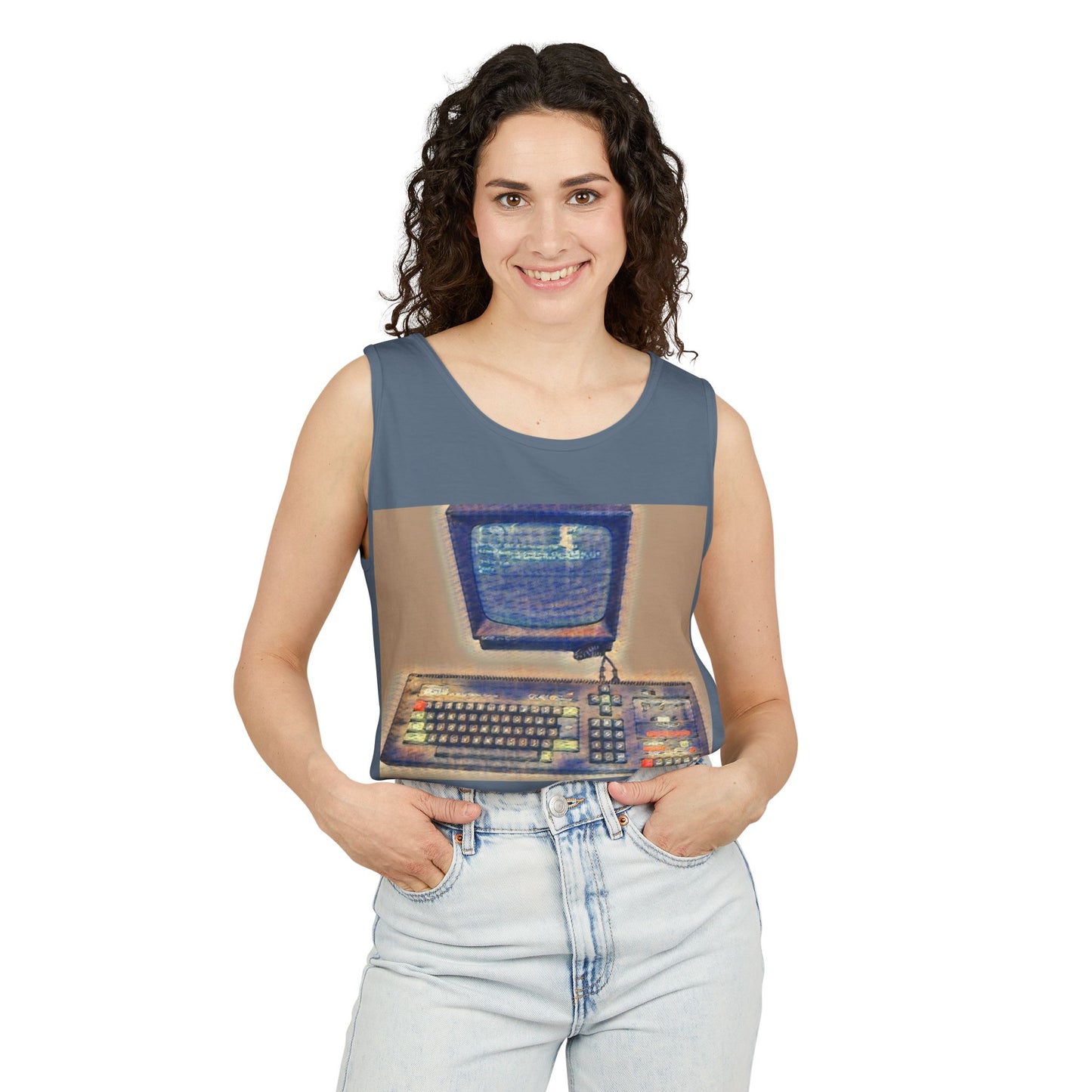 Classic 8 bit home computer inspired Tank Top | Sand Art Color | Unisex Retro Graphic Tee for Tech Lovers, Summer Fashion, Gift for Nerds, Festival Wear, 80s Style