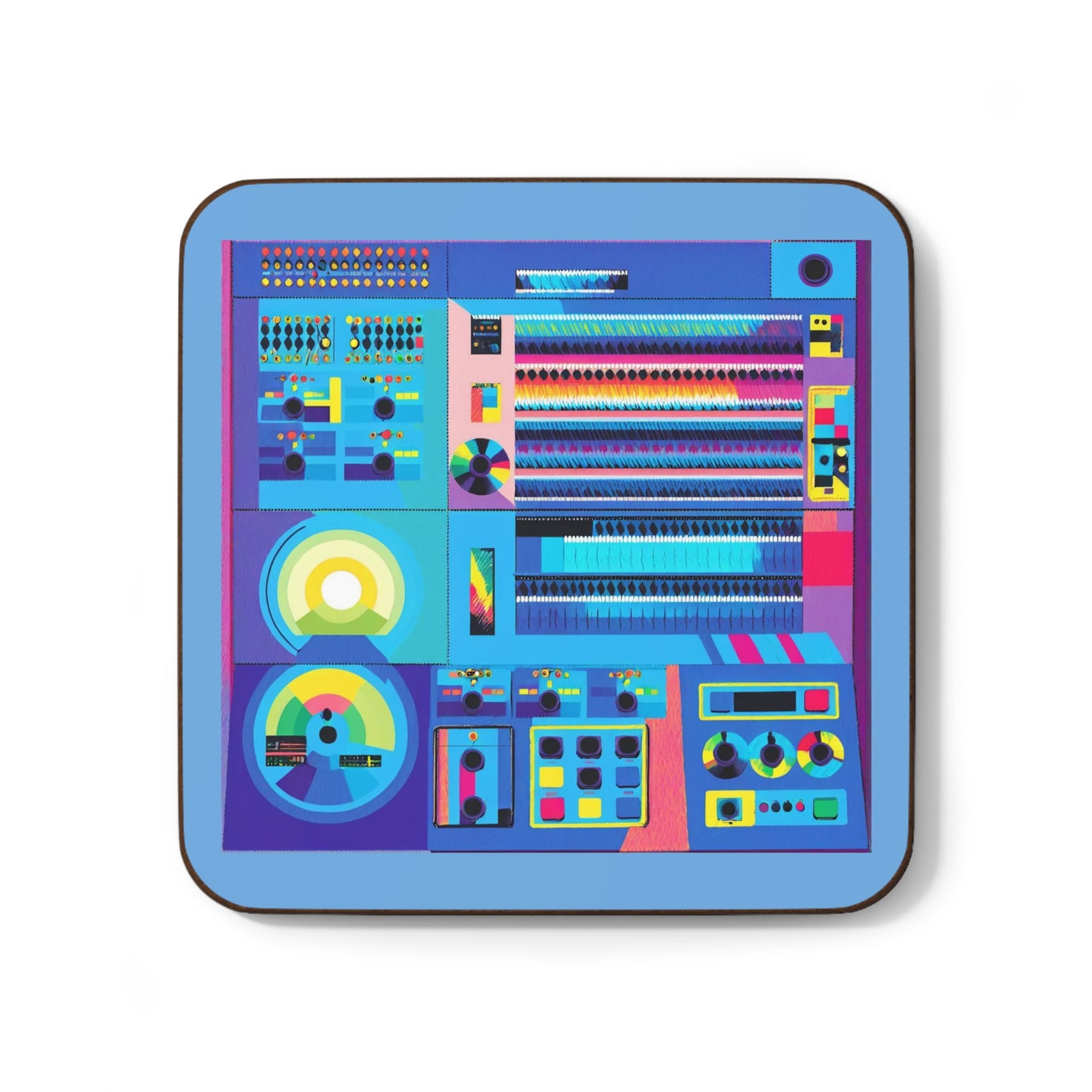 Classic Mainframe Control Panel in Light Blue Hardboard Coaster in Modern Art Color for Tech Enthusiast & Creatives