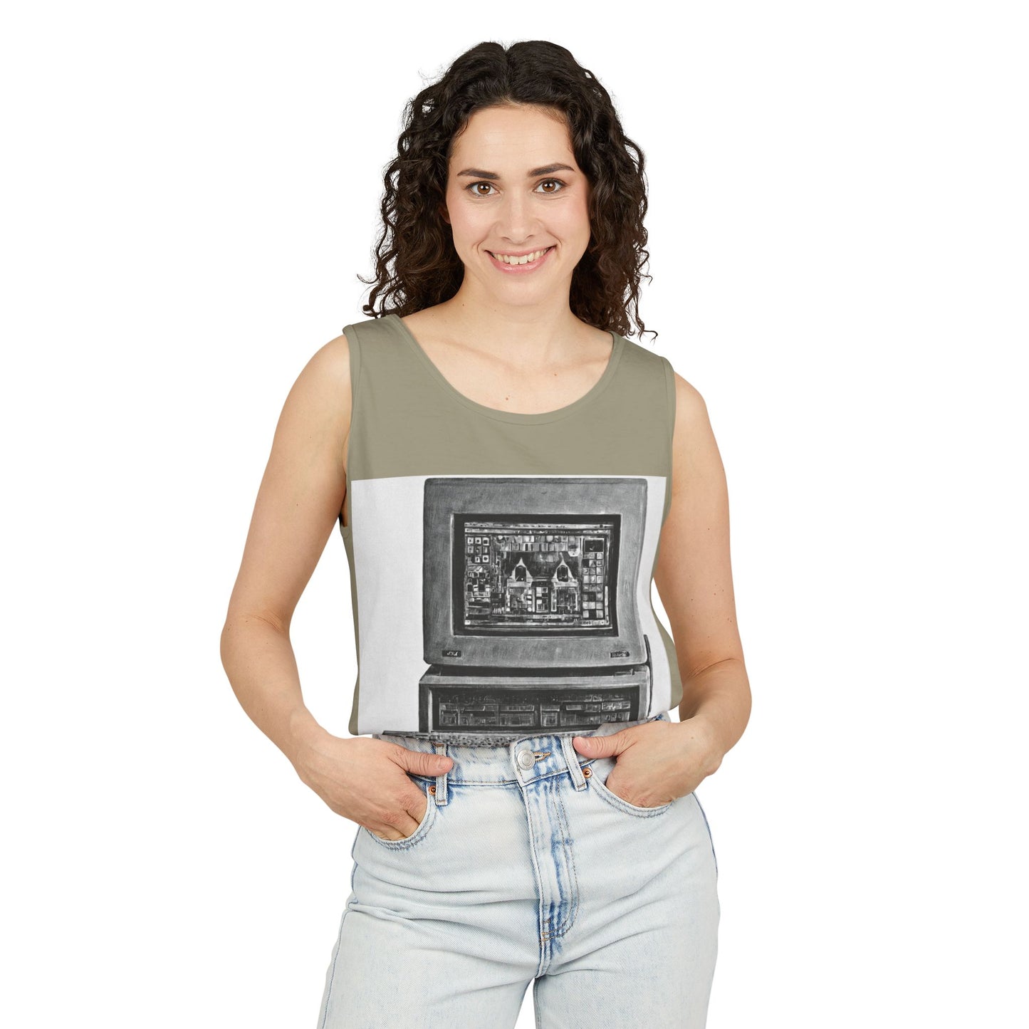 Classic business machine inspired Tank Top | Monochrome Art | Unisex Retro Graphic Tee for Tech Lovers, Summer Fashion, Gift for Nerds, Festival Wear, 80s Style