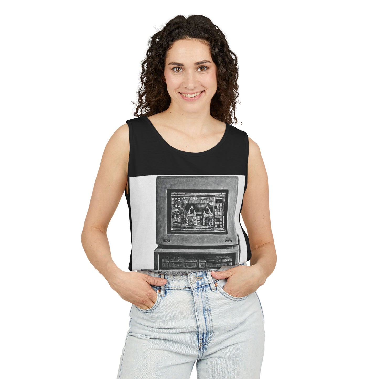 Classic business machine inspired Tank Top | Monochrome Art | Unisex Retro Graphic Tee for Tech Lovers, Summer Fashion, Gift for Nerds, Festival Wear, 80s Style