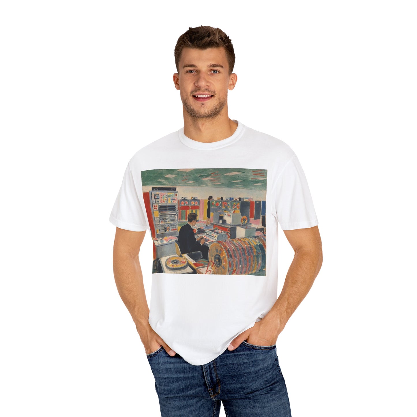 Classic Mainframe Computer T-Shirt with control panel on back - Modern Art Color
