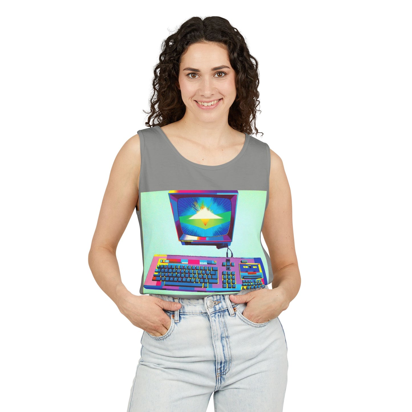 Classic 8 bit home computer inspired Tank Top | Multi-Color Art | Unisex Retro Graphic Tee for Tech Lovers, Summer Fashion, Gift for Nerds, Festival Wear, 80s Style