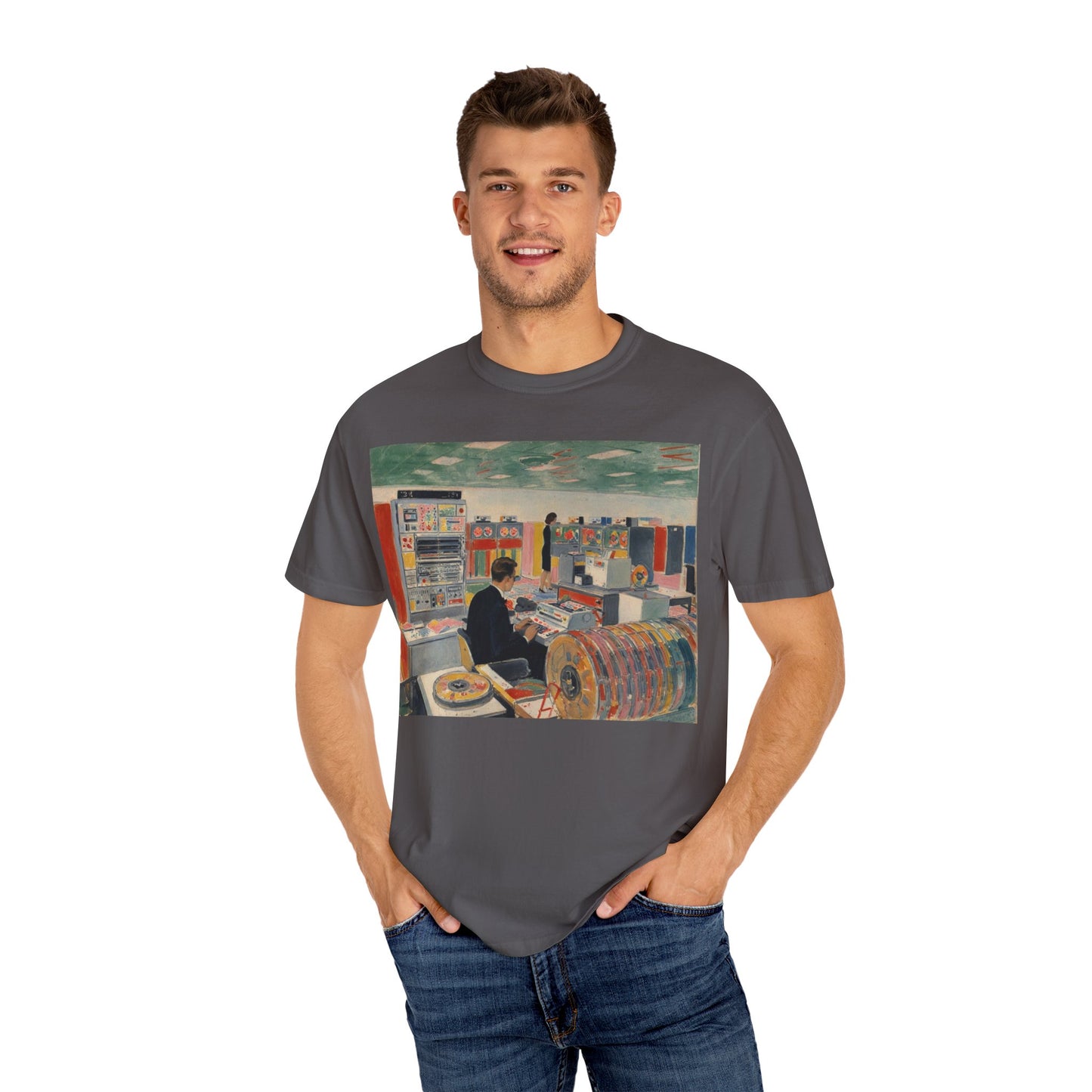 Classic Mainframe Computer T-Shirt with control panel on back - Modern Art Color