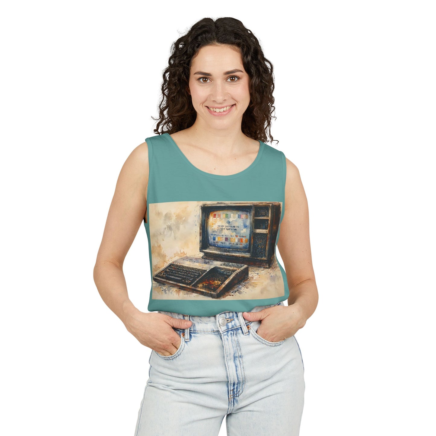 TI-99/4A Home Computer Inspired Tank Top | Oil Art Color | Unisex Retro Graphic Tee for Tech Lovers, Summer Fashion, Gift for Nerds, Festival Wear, 80s Style