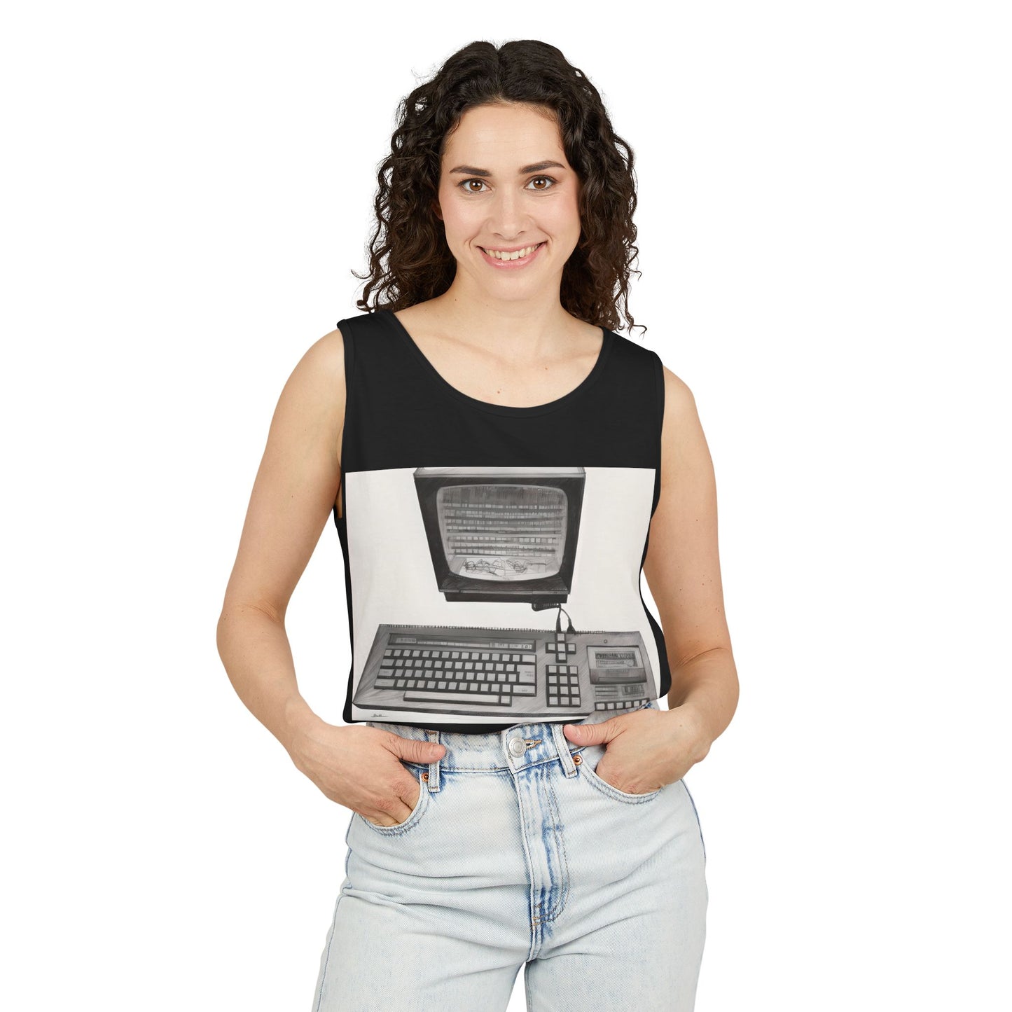 Classic 8 bit home computer inspired Tank Top | Monochrome Art | Unisex Retro Graphic Tee for Tech Lovers, Summer Fashion, Gift for Nerds, Festival Wear, 80s Style