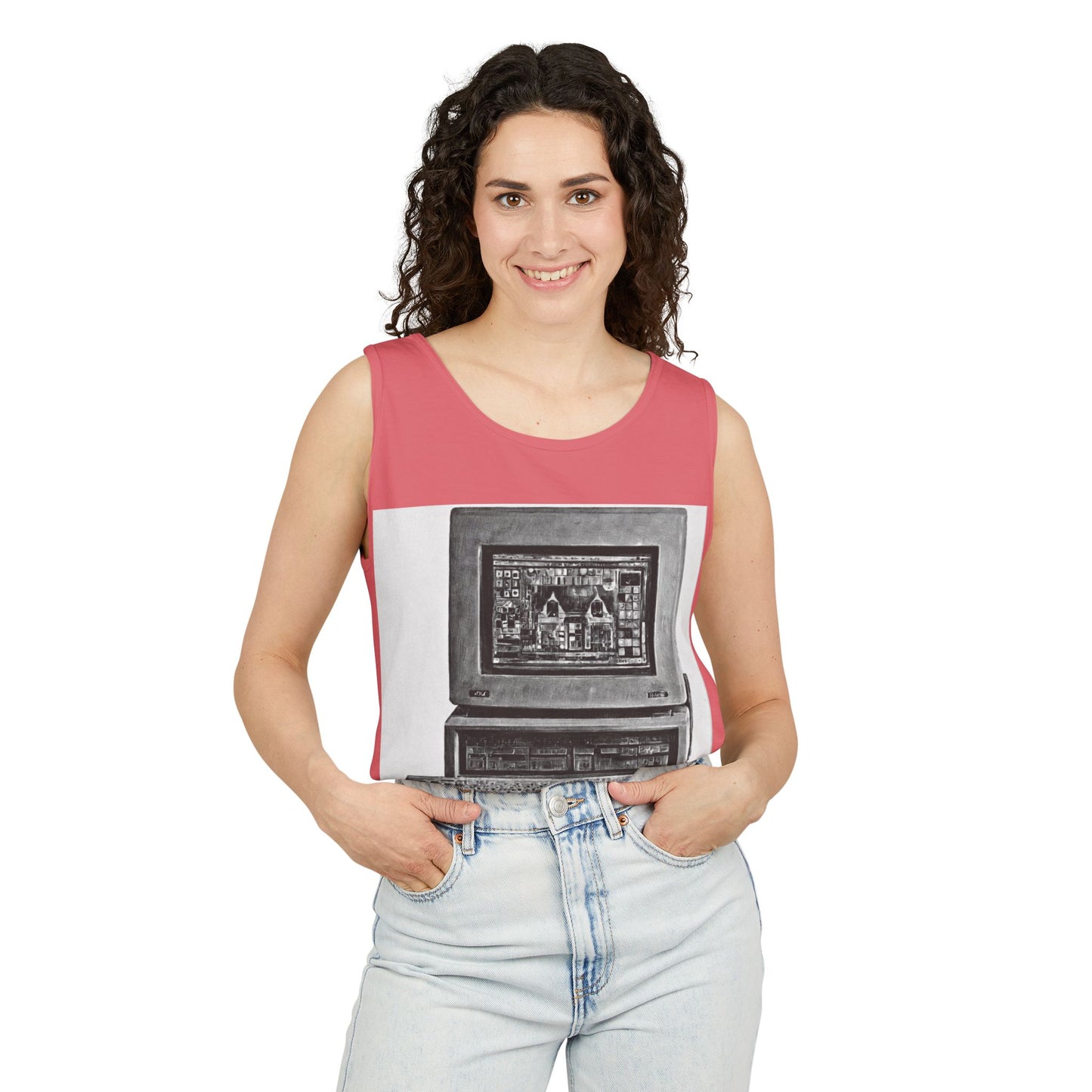 Classic business machine inspired Tank Top | Monochrome Art | Unisex Retro Graphic Tee for Tech Lovers, Summer Fashion, Gift for Nerds, Festival Wear, 80s Style