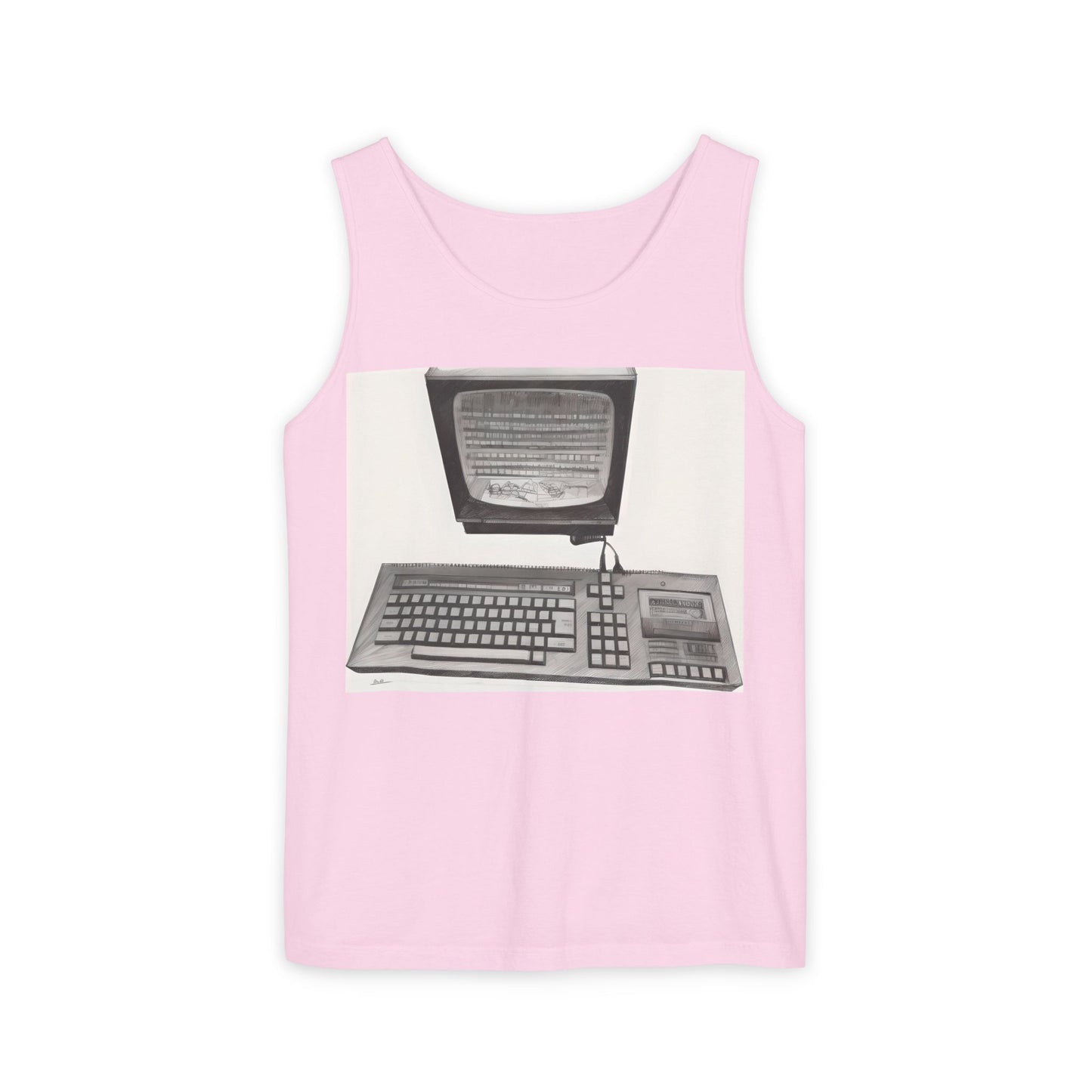 Classic 8 bit home computer inspired Tank Top | Monochrome Art | Unisex Retro Graphic Tee for Tech Lovers, Summer Fashion, Gift for Nerds, Festival Wear, 80s Style