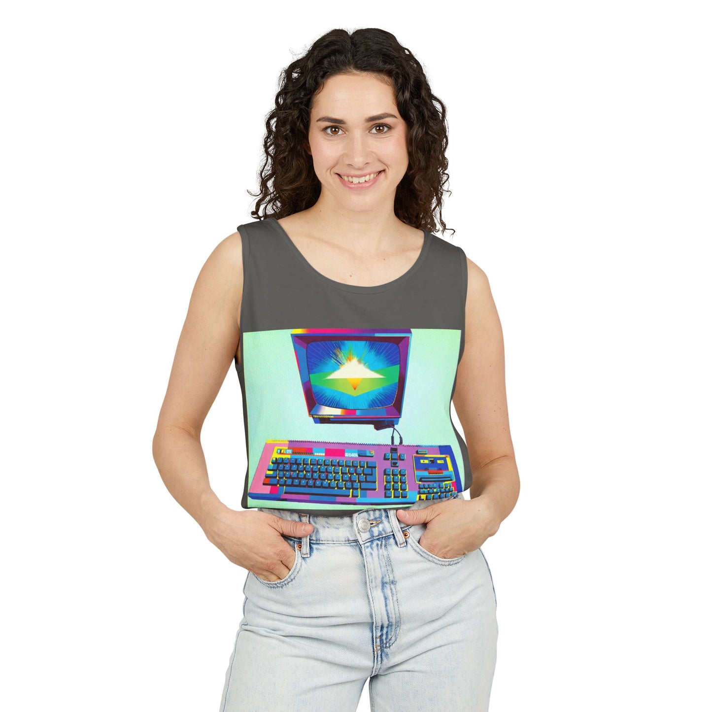 Classic 8 bit home computer inspired Tank Top | Multi-Color Art | Unisex Retro Graphic Tee for Tech Lovers, Summer Fashion, Gift for Nerds, Festival Wear, 80s Style