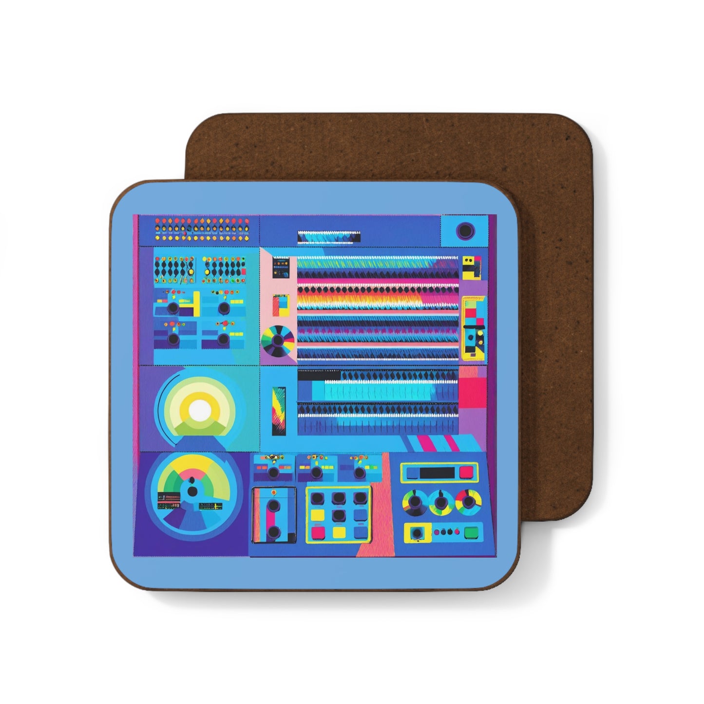 Classic Mainframe Control Panel in Light Blue Hardboard Coaster in Modern Art Color for Tech Enthusiast & Creatives