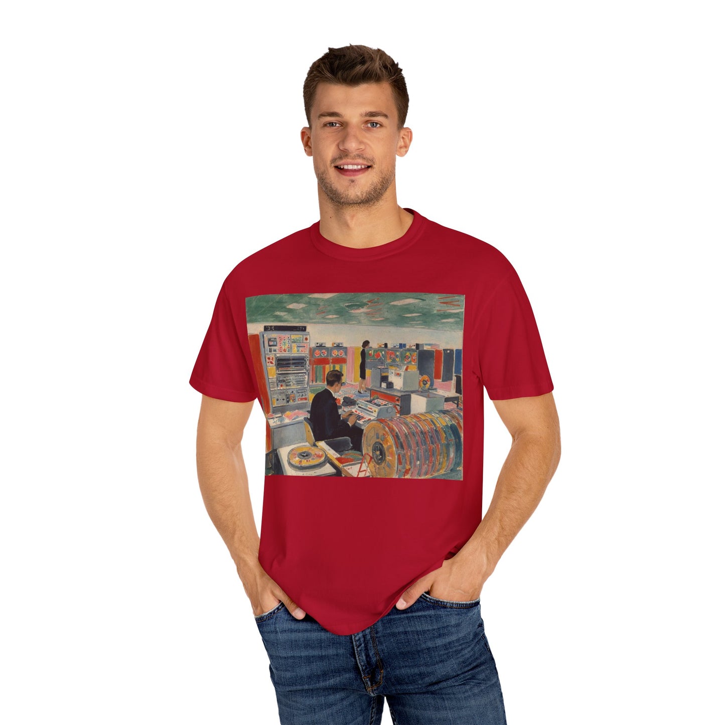 Classic Mainframe Computer T-Shirt with control panel on back - Modern Art Color
