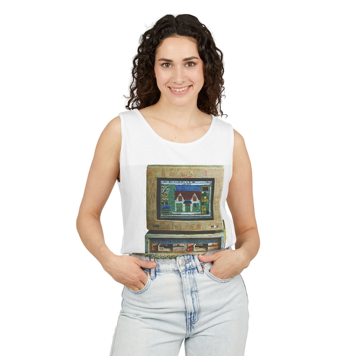 Classic business machine inspired Tank Top | Mosaic Art Color | Unisex Retro Graphic Tee for Tech Lovers, Summer Fashion, Gift for Nerds, Festival Wear, 80s Style