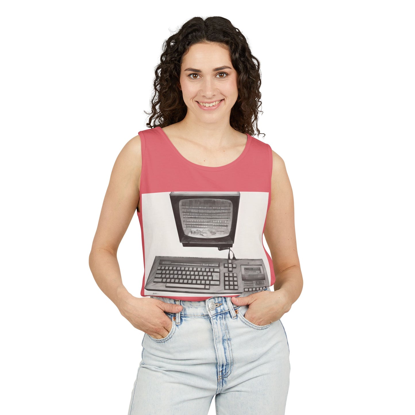 Classic 8 bit home computer inspired Tank Top | Monochrome Art | Unisex Retro Graphic Tee for Tech Lovers, Summer Fashion, Gift for Nerds, Festival Wear, 80s Style