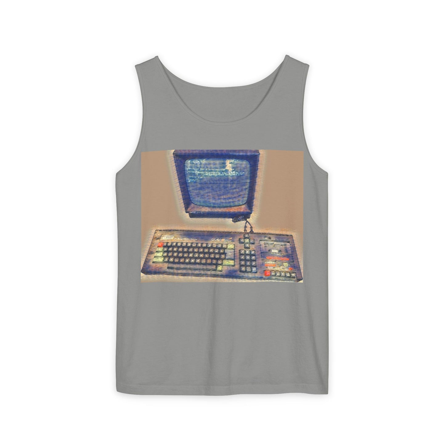Classic 8 bit home computer inspired Tank Top | Sand Art Color | Unisex Retro Graphic Tee for Tech Lovers, Summer Fashion, Gift for Nerds, Festival Wear, 80s Style
