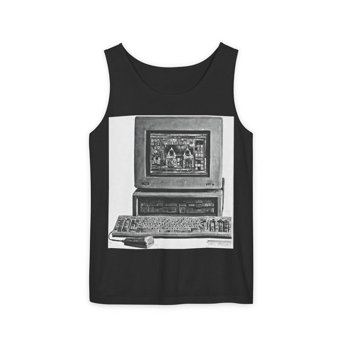 Classic business machine inspired Tank Top | Monochrome Art | Unisex Retro Graphic Tee for Tech Lovers, Summer Fashion, Gift for Nerds, Festival Wear, 80s Style