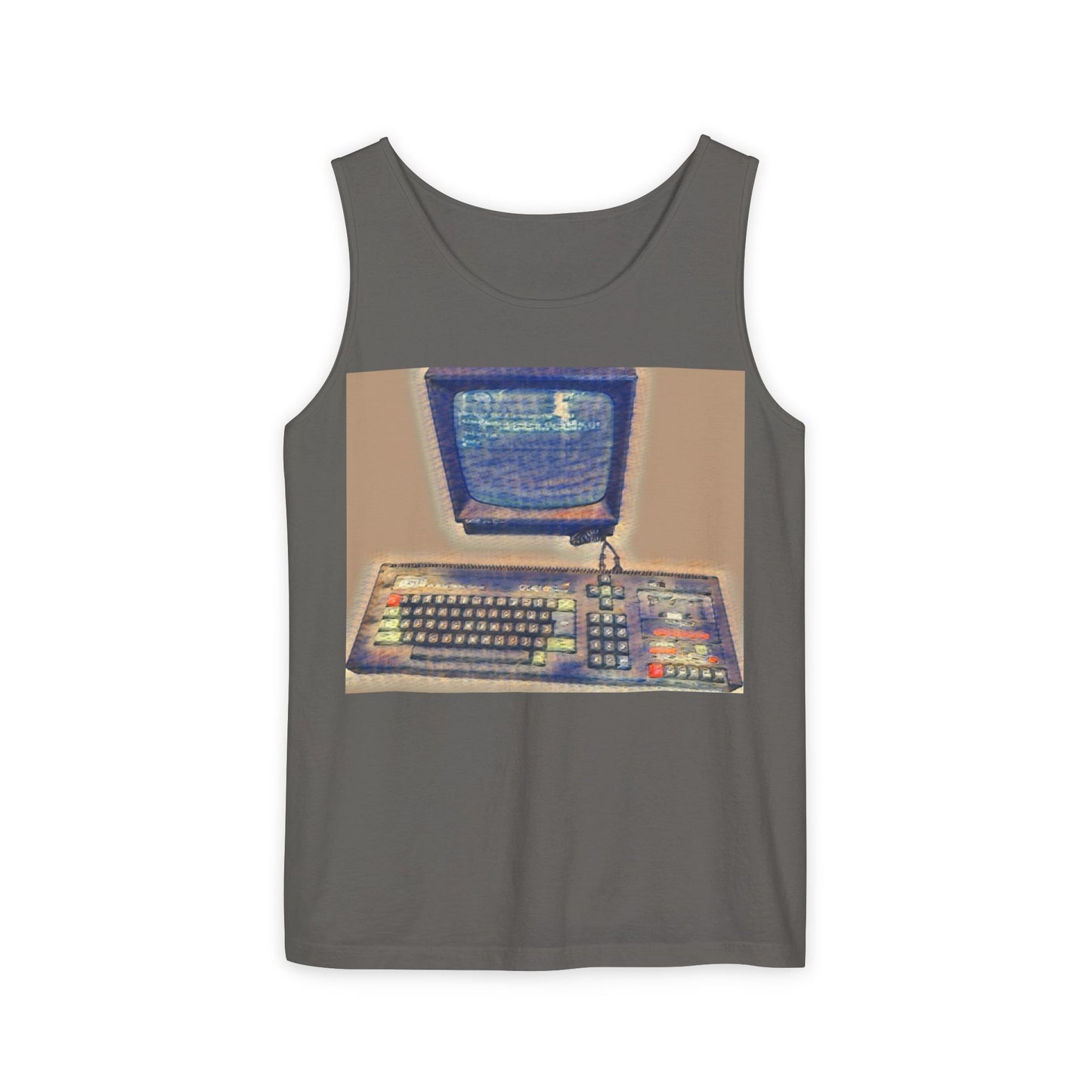 Classic 8 bit home computer inspired Tank Top | Sand Art Color | Unisex Retro Graphic Tee for Tech Lovers, Summer Fashion, Gift for Nerds, Festival Wear, 80s Style