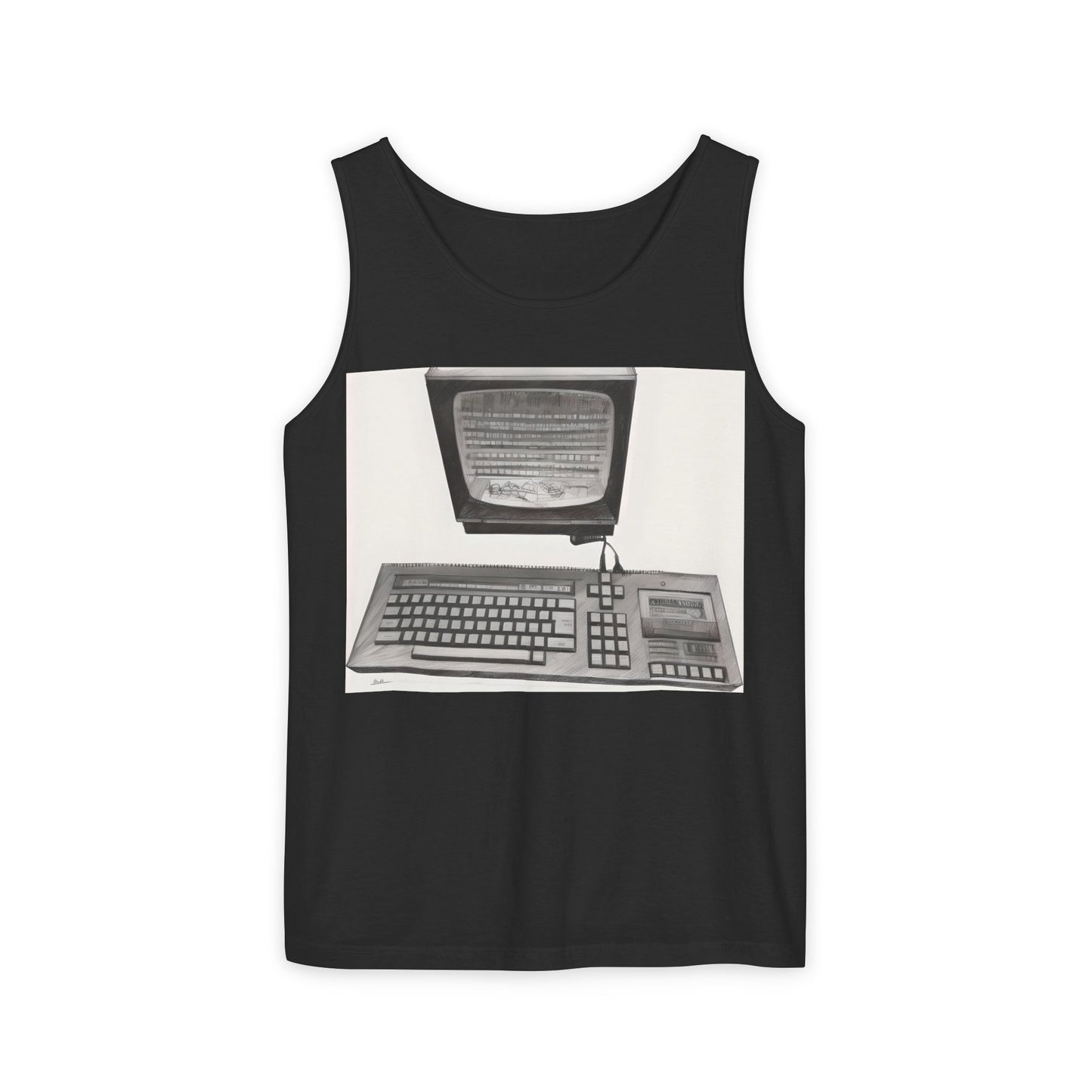 Classic 8 bit home computer inspired Tank Top | Monochrome Art | Unisex Retro Graphic Tee for Tech Lovers, Summer Fashion, Gift for Nerds, Festival Wear, 80s Style