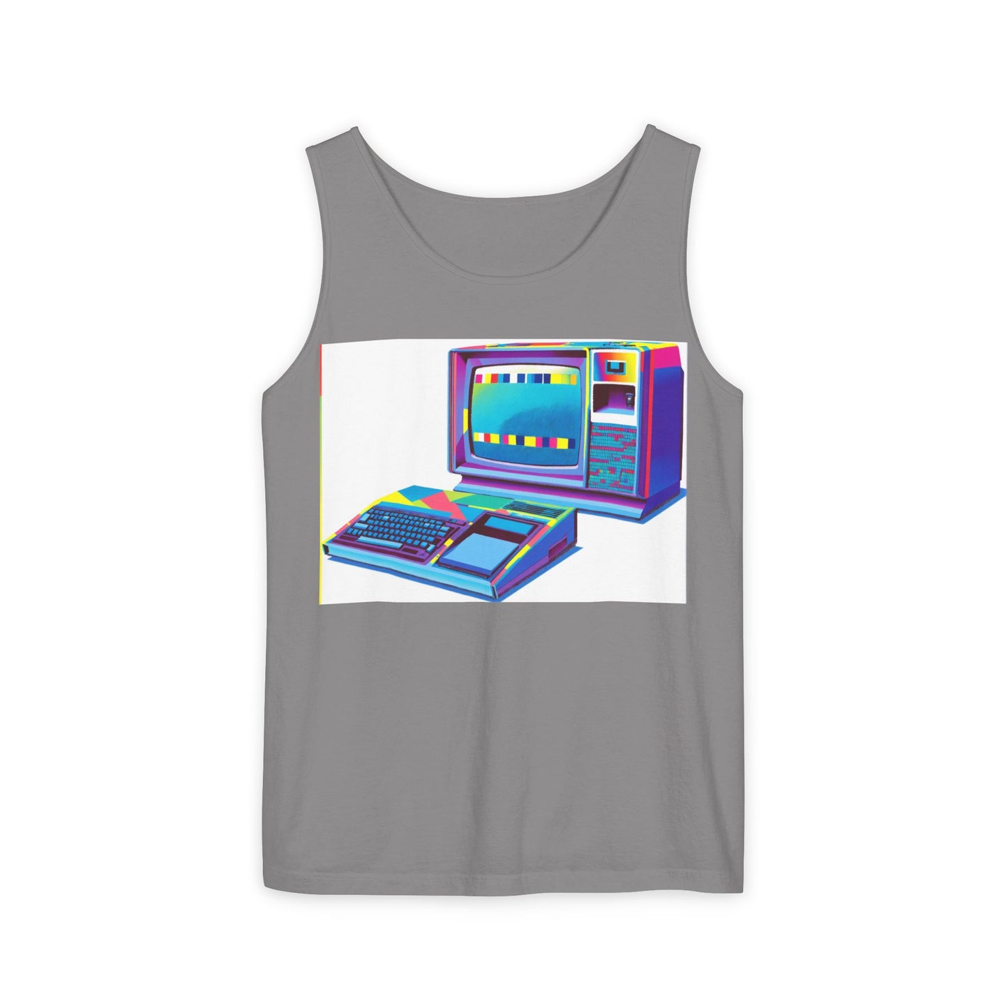 TI-99/4A Home Computer Inspired Tank Top | Multi-Color Modern Art | Unisex Retro Graphic Tee for Tech Lovers, Summer Fashion, Gift for Nerds, Festival Wear, 80s Style