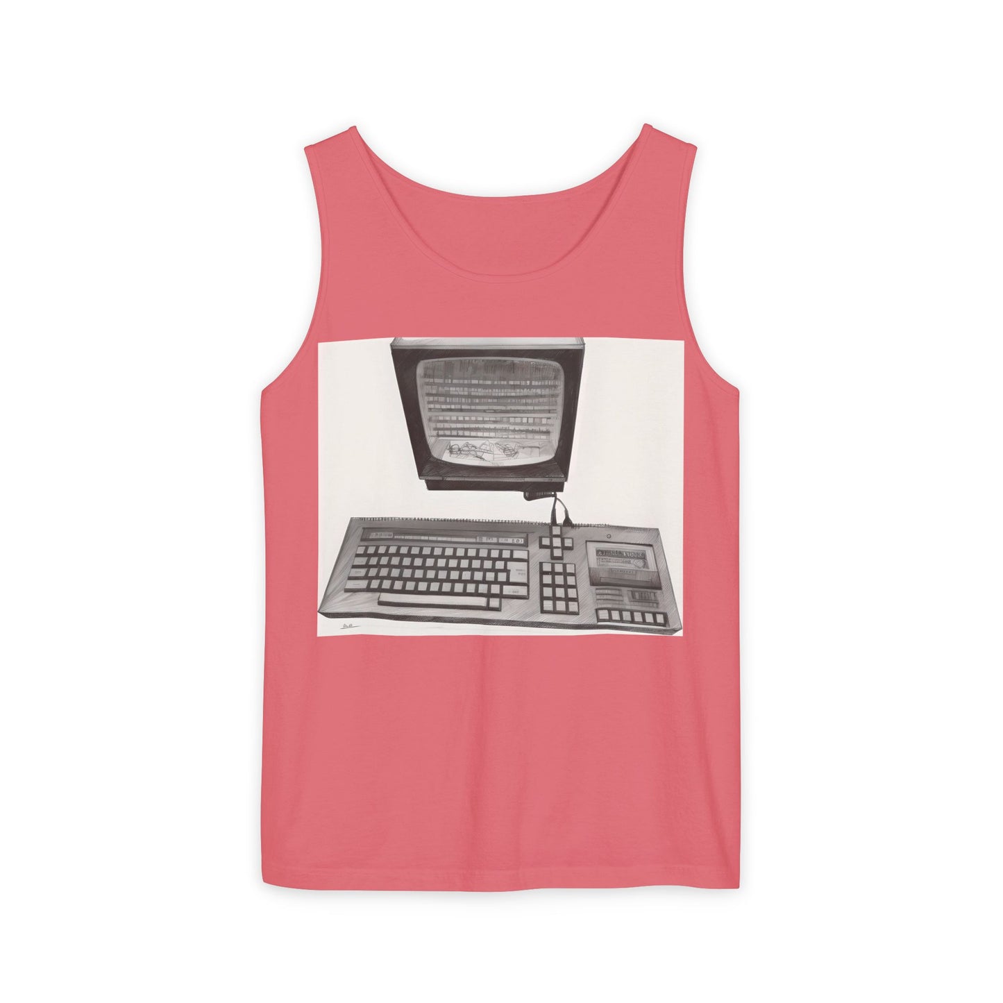 Classic 8 bit home computer inspired Tank Top | Monochrome Art | Unisex Retro Graphic Tee for Tech Lovers, Summer Fashion, Gift for Nerds, Festival Wear, 80s Style