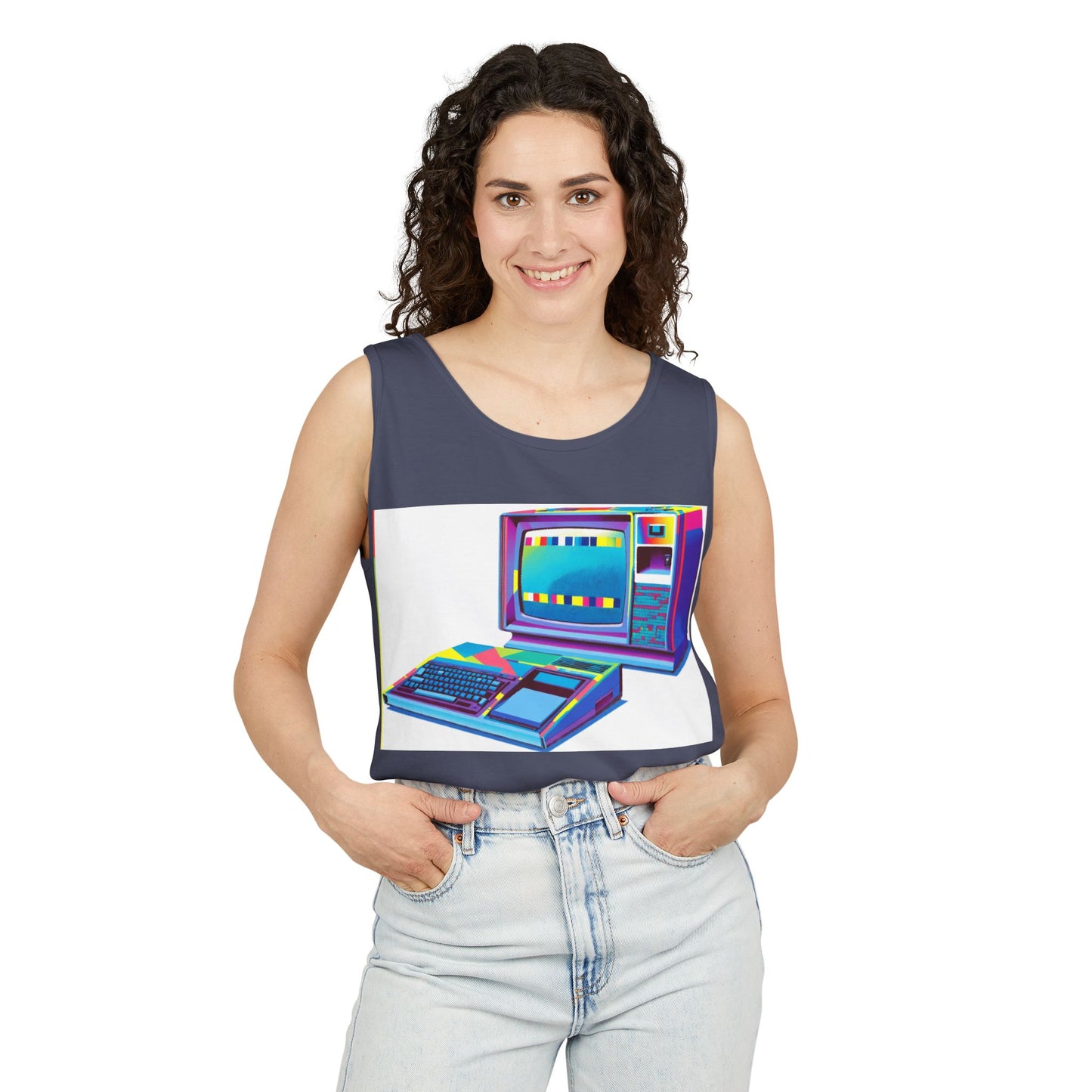 TI-99/4A Home Computer Inspired Tank Top | Multi-Color Modern Art | Unisex Retro Graphic Tee for Tech Lovers, Summer Fashion, Gift for Nerds, Festival Wear, 80s Style