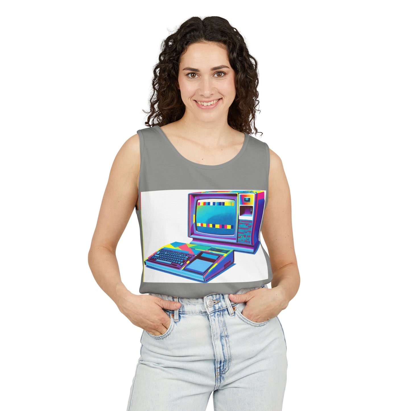 TI-99/4A Home Computer Inspired Tank Top | Multi-Color Modern Art | Unisex Retro Graphic Tee for Tech Lovers, Summer Fashion, Gift for Nerds, Festival Wear, 80s Style