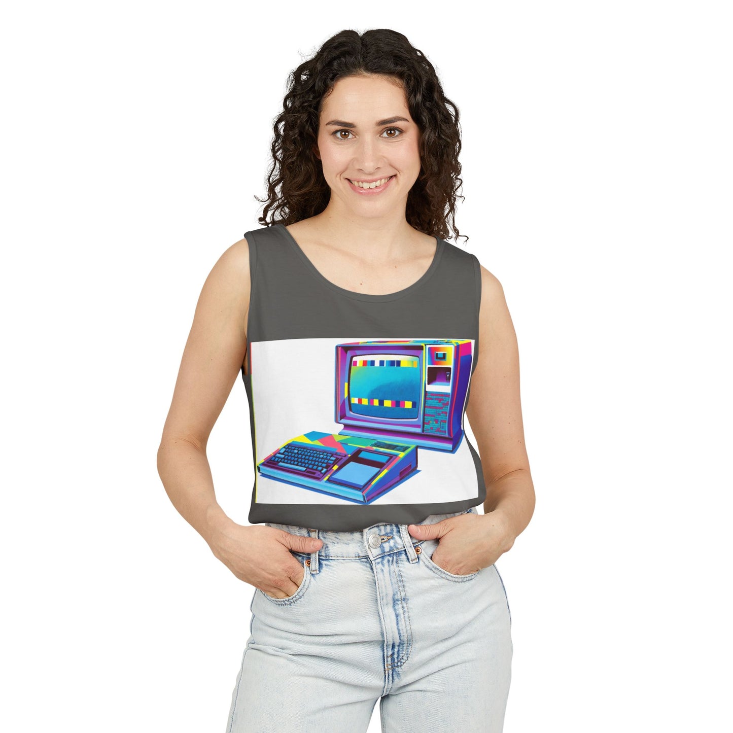 TI-99/4A Home Computer Inspired Tank Top | Multi-Color Modern Art | Unisex Retro Graphic Tee for Tech Lovers, Summer Fashion, Gift for Nerds, Festival Wear, 80s Style