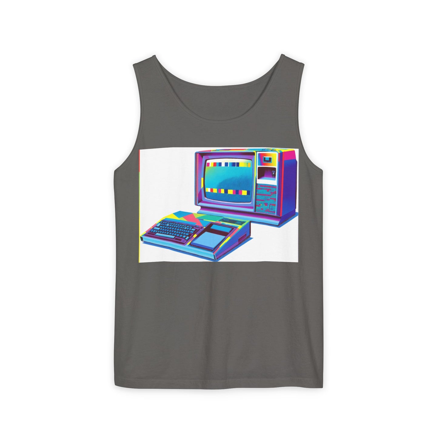 TI-99/4A Home Computer Inspired Tank Top | Multi-Color Modern Art | Unisex Retro Graphic Tee for Tech Lovers, Summer Fashion, Gift for Nerds, Festival Wear, 80s Style