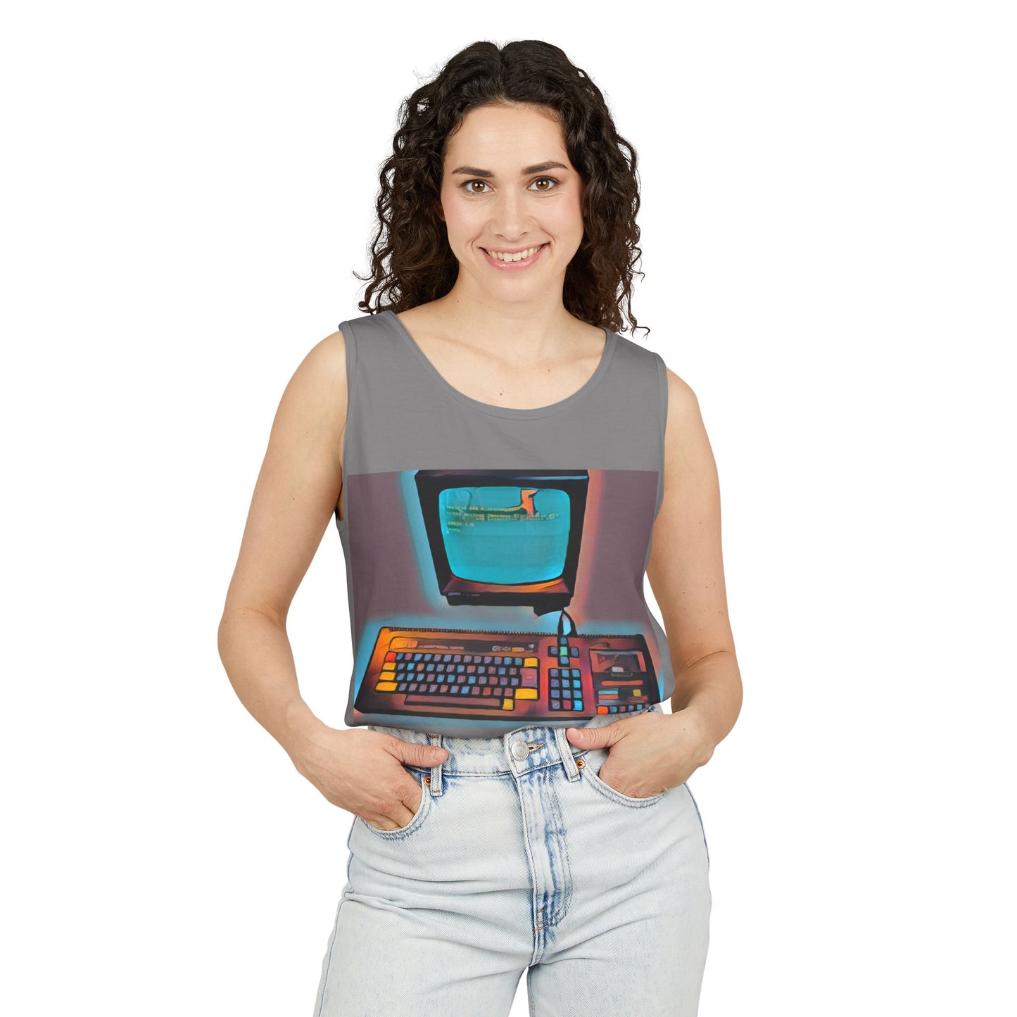 Classic 8 bit home computer inspired Tank Top | Print Art Color | Unisex Retro Graphic Tee for Tech Lovers, Summer Fashion, Gift for Nerds, Festival Wear, 80s Style