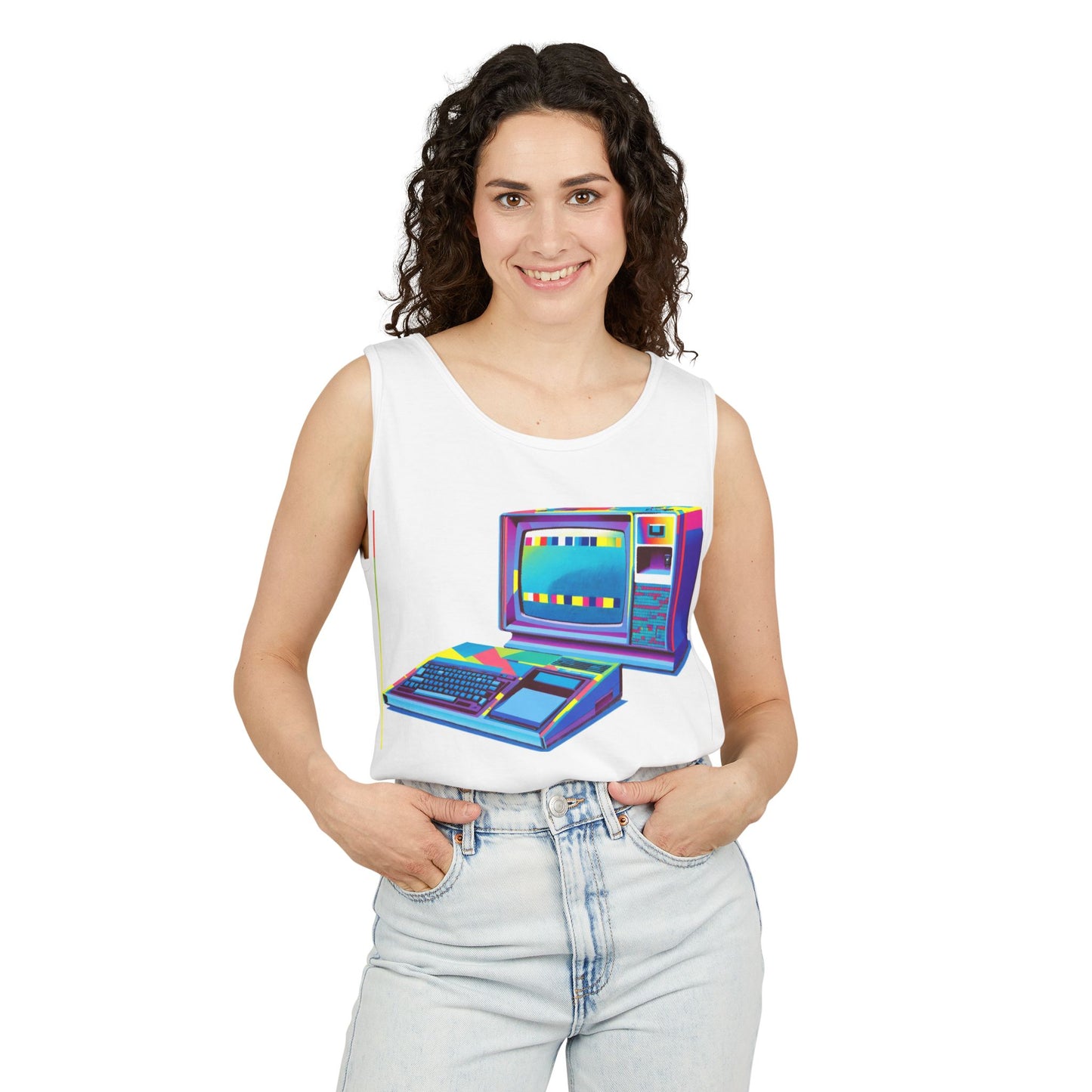 TI-99/4A Home Computer Inspired Tank Top | Multi-Color Modern Art | Unisex Retro Graphic Tee for Tech Lovers, Summer Fashion, Gift for Nerds, Festival Wear, 80s Style