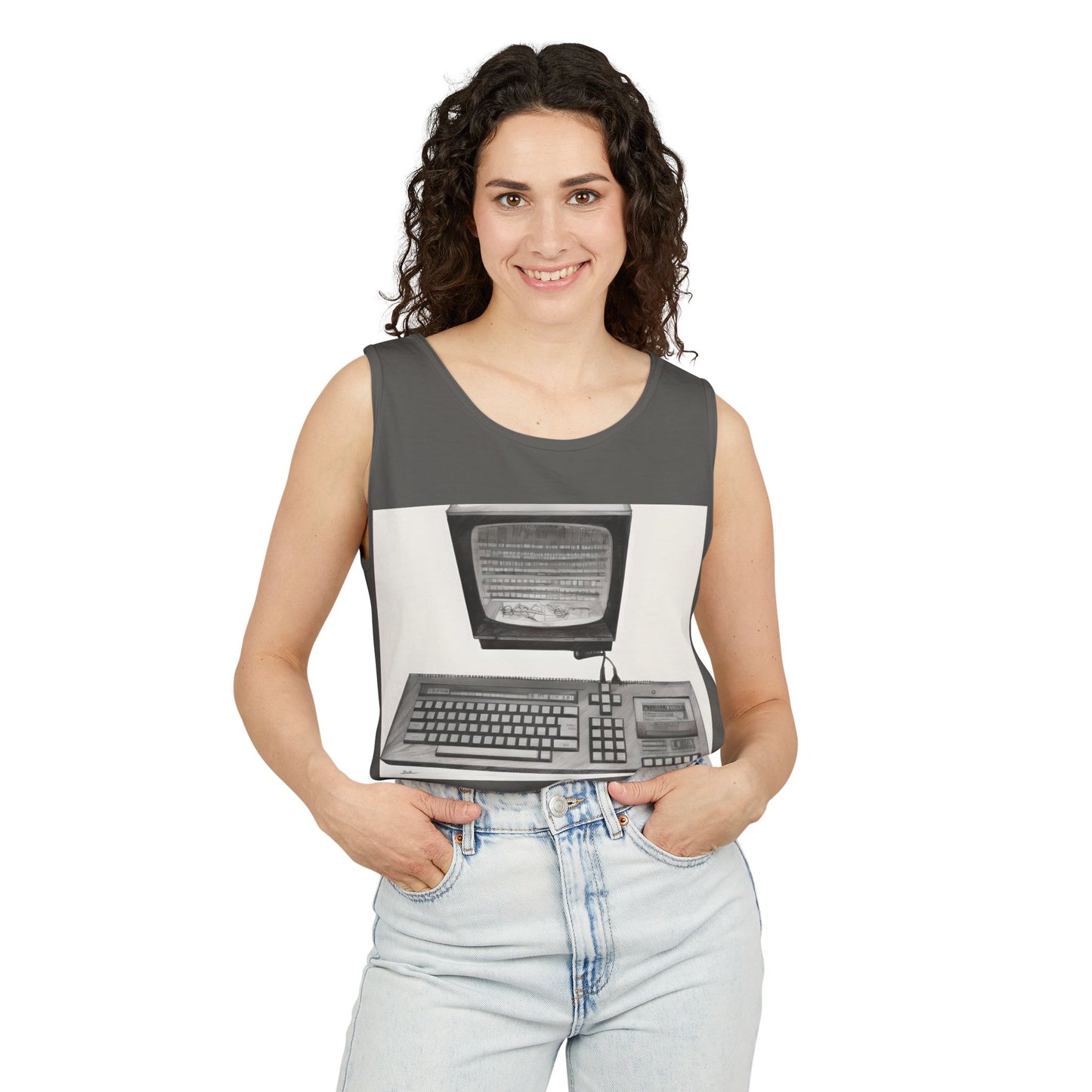 Classic 8 bit home computer inspired Tank Top | Monochrome Art | Unisex Retro Graphic Tee for Tech Lovers, Summer Fashion, Gift for Nerds, Festival Wear, 80s Style