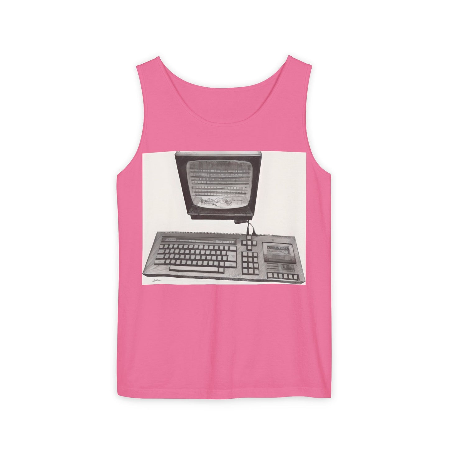 Classic 8 bit home computer inspired Tank Top | Monochrome Art | Unisex Retro Graphic Tee for Tech Lovers, Summer Fashion, Gift for Nerds, Festival Wear, 80s Style