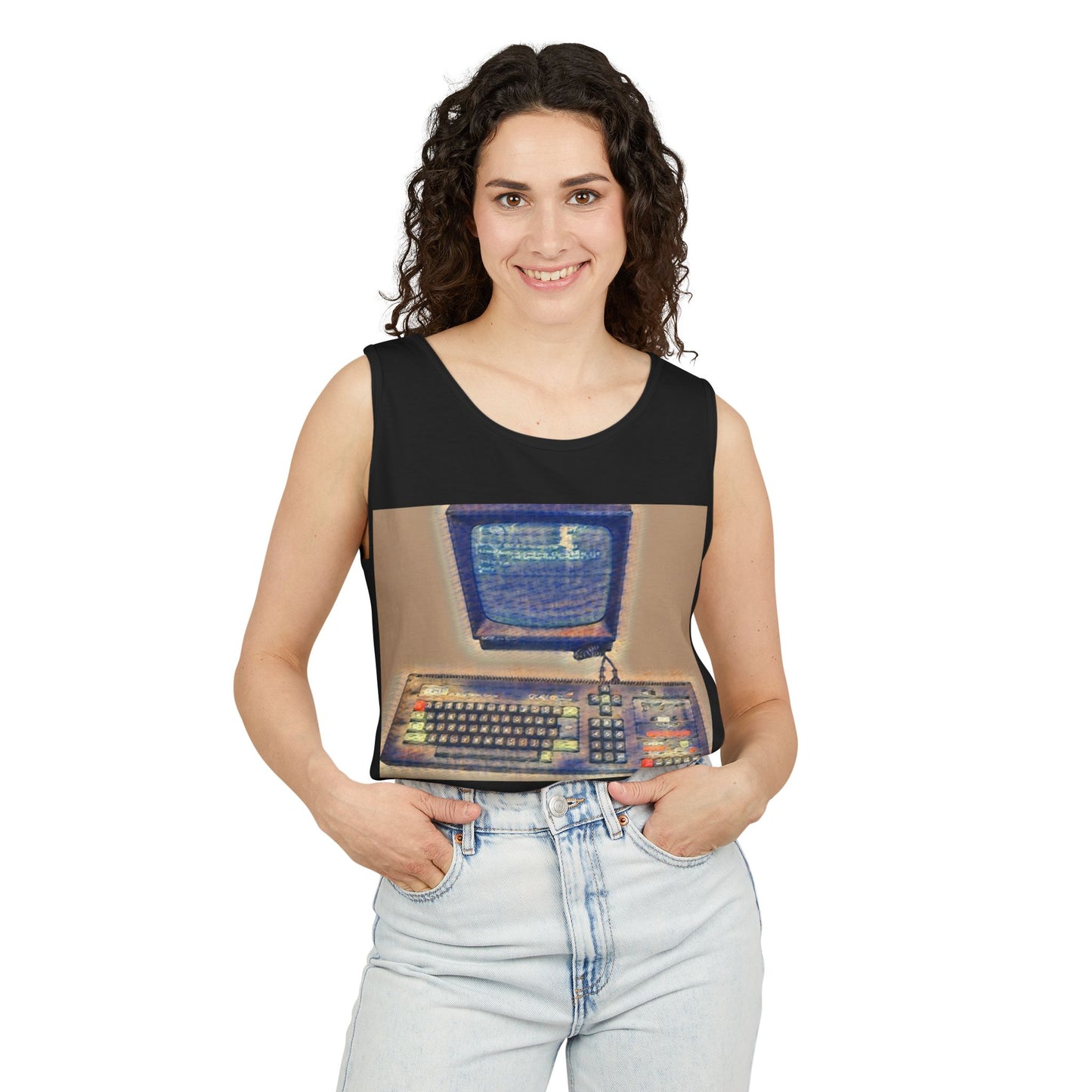 Classic 8 bit home computer inspired Tank Top | Sand Art Color | Unisex Retro Graphic Tee for Tech Lovers, Summer Fashion, Gift for Nerds, Festival Wear, 80s Style