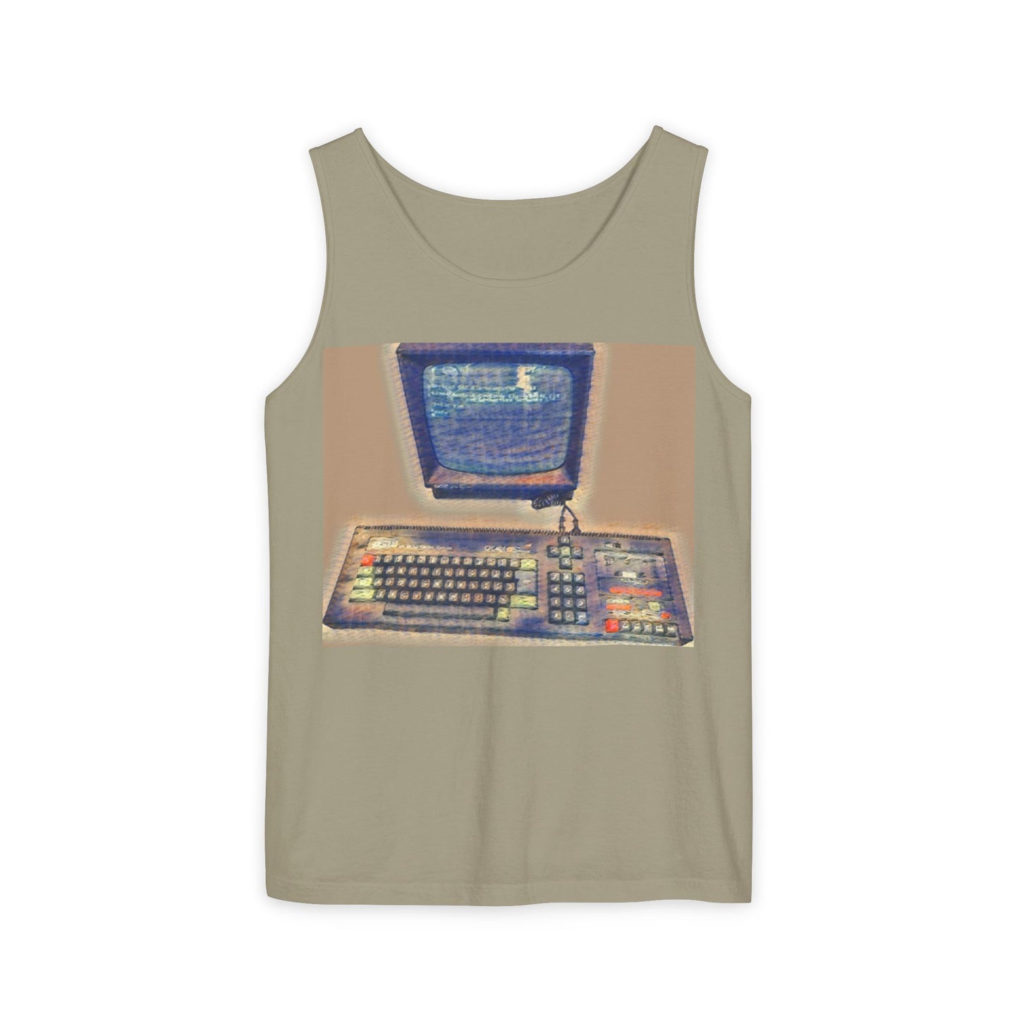 Classic 8 bit home computer inspired Tank Top | Sand Art Color | Unisex Retro Graphic Tee for Tech Lovers, Summer Fashion, Gift for Nerds, Festival Wear, 80s Style