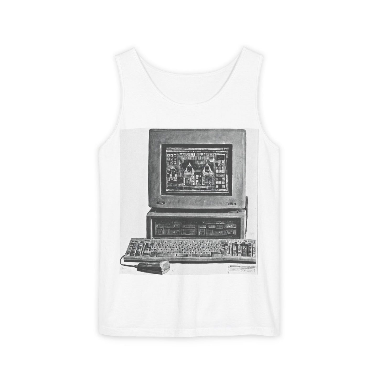 Classic business machine inspired Tank Top | Monochrome Art | Unisex Retro Graphic Tee for Tech Lovers, Summer Fashion, Gift for Nerds, Festival Wear, 80s Style