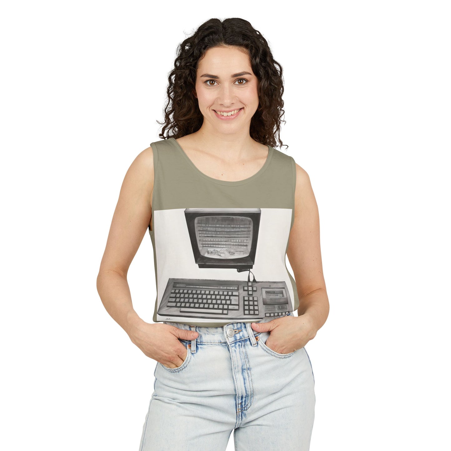 Classic 8 bit home computer inspired Tank Top | Monochrome Art | Unisex Retro Graphic Tee for Tech Lovers, Summer Fashion, Gift for Nerds, Festival Wear, 80s Style