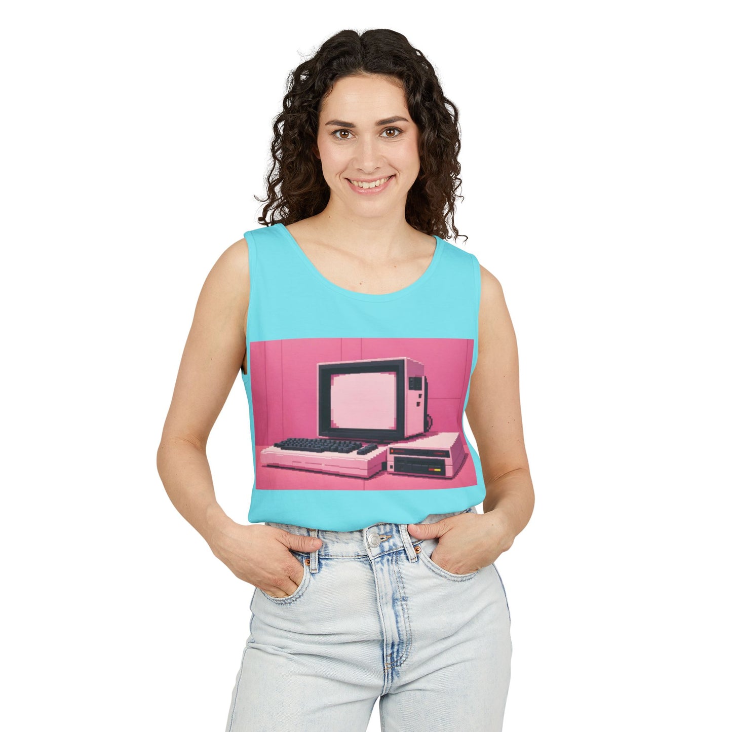 Classic 8 bit home computer inspired Tank Top | Pixel Art Color | Unisex Retro Graphic Tee for Tech Lovers, Summer Fashion, Gift for Nerds, Festival Wear, 80s Style