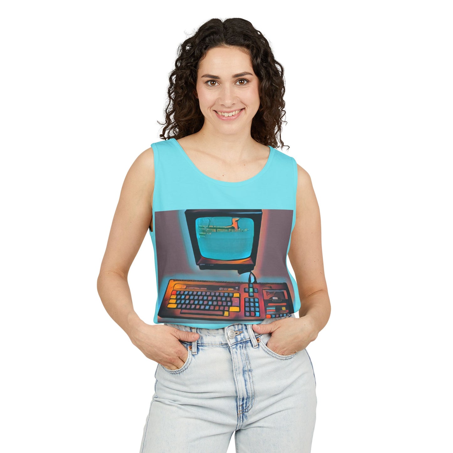 Classic 8 bit home computer inspired Tank Top | Print Art Color | Unisex Retro Graphic Tee for Tech Lovers, Summer Fashion, Gift for Nerds, Festival Wear, 80s Style