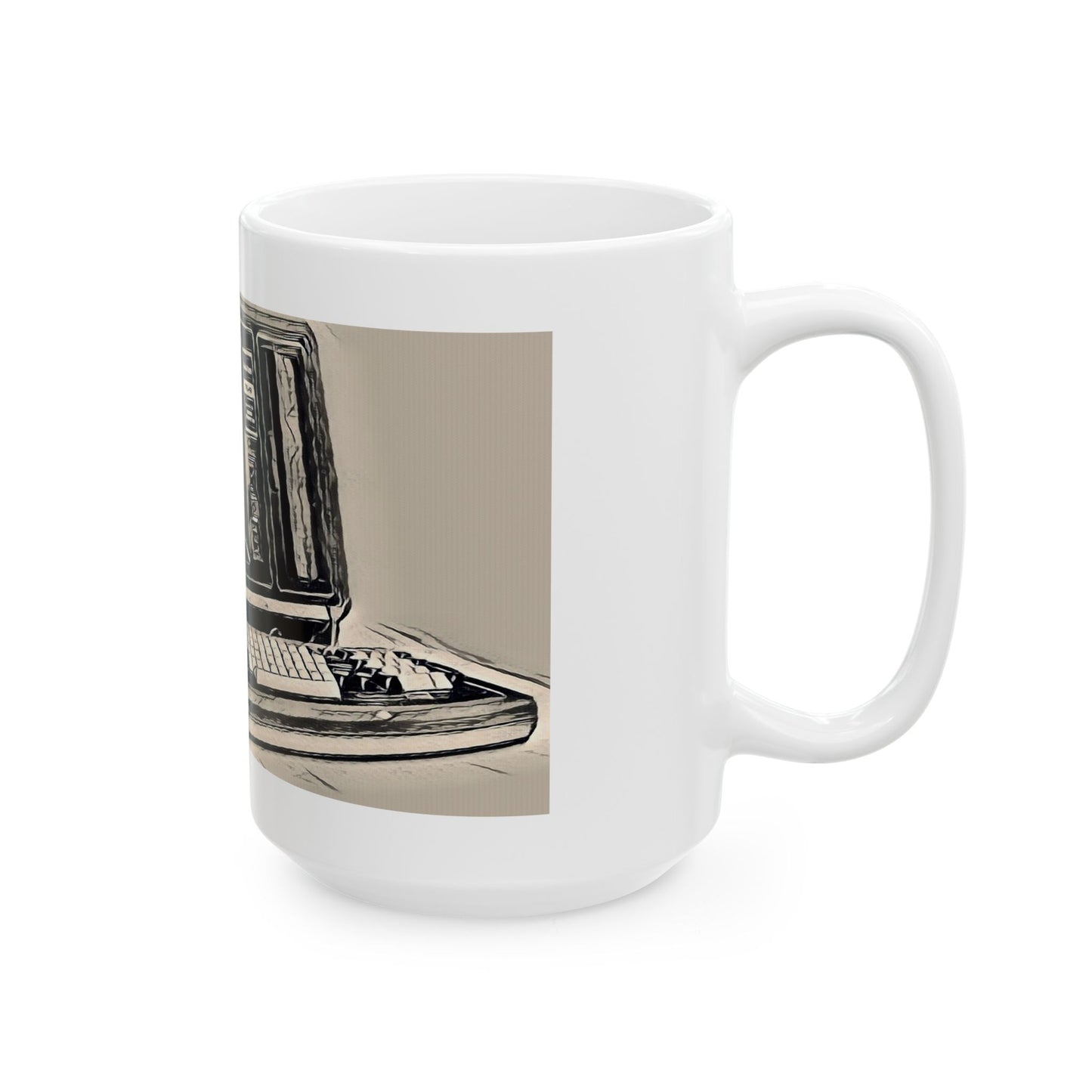 Vintage Computer Ceramic Mug | Classic Business Machine Ink Art Monochrome Design | Perfect for Tech Lovers