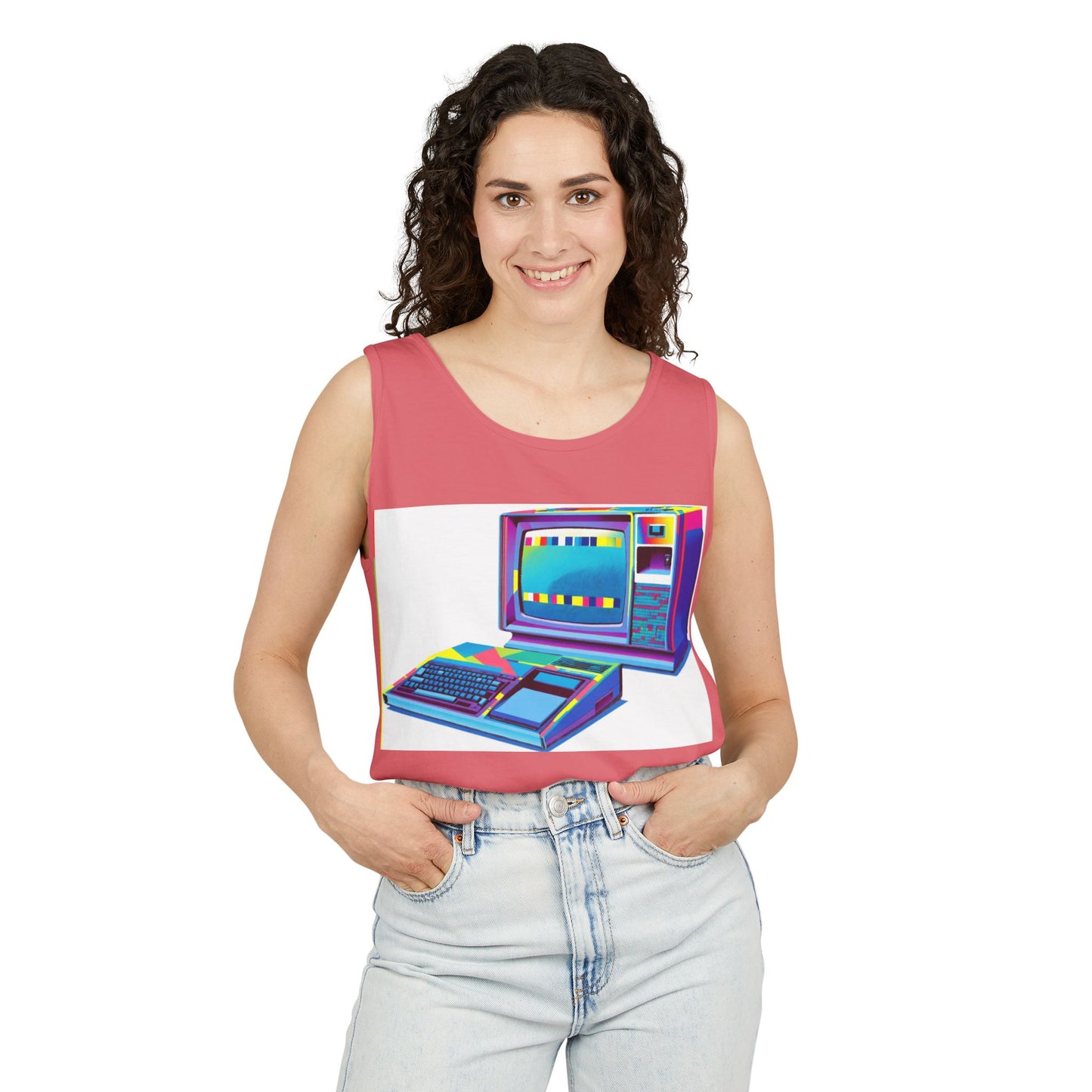 TI-99/4A Home Computer Inspired Tank Top | Multi-Color Modern Art | Unisex Retro Graphic Tee for Tech Lovers, Summer Fashion, Gift for Nerds, Festival Wear, 80s Style