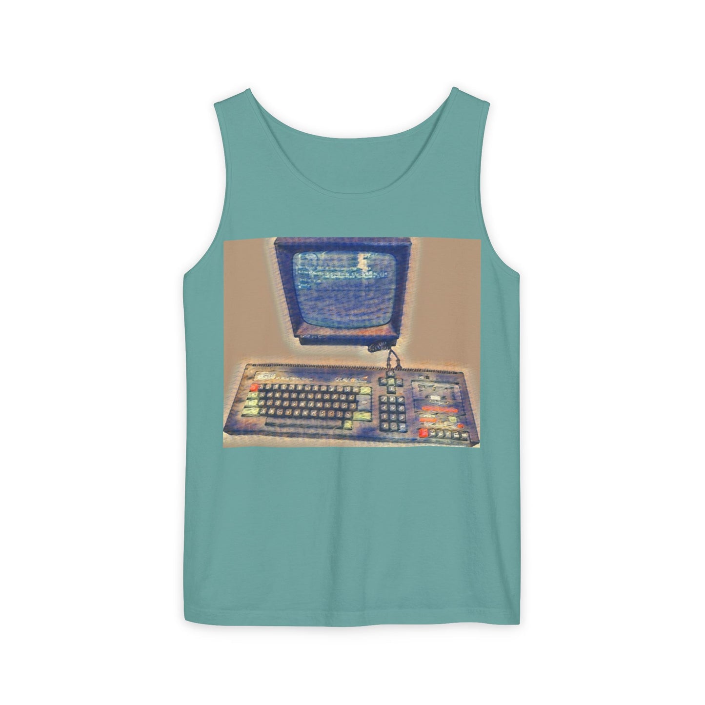 Classic 8 bit home computer inspired Tank Top | Sand Art Color | Unisex Retro Graphic Tee for Tech Lovers, Summer Fashion, Gift for Nerds, Festival Wear, 80s Style
