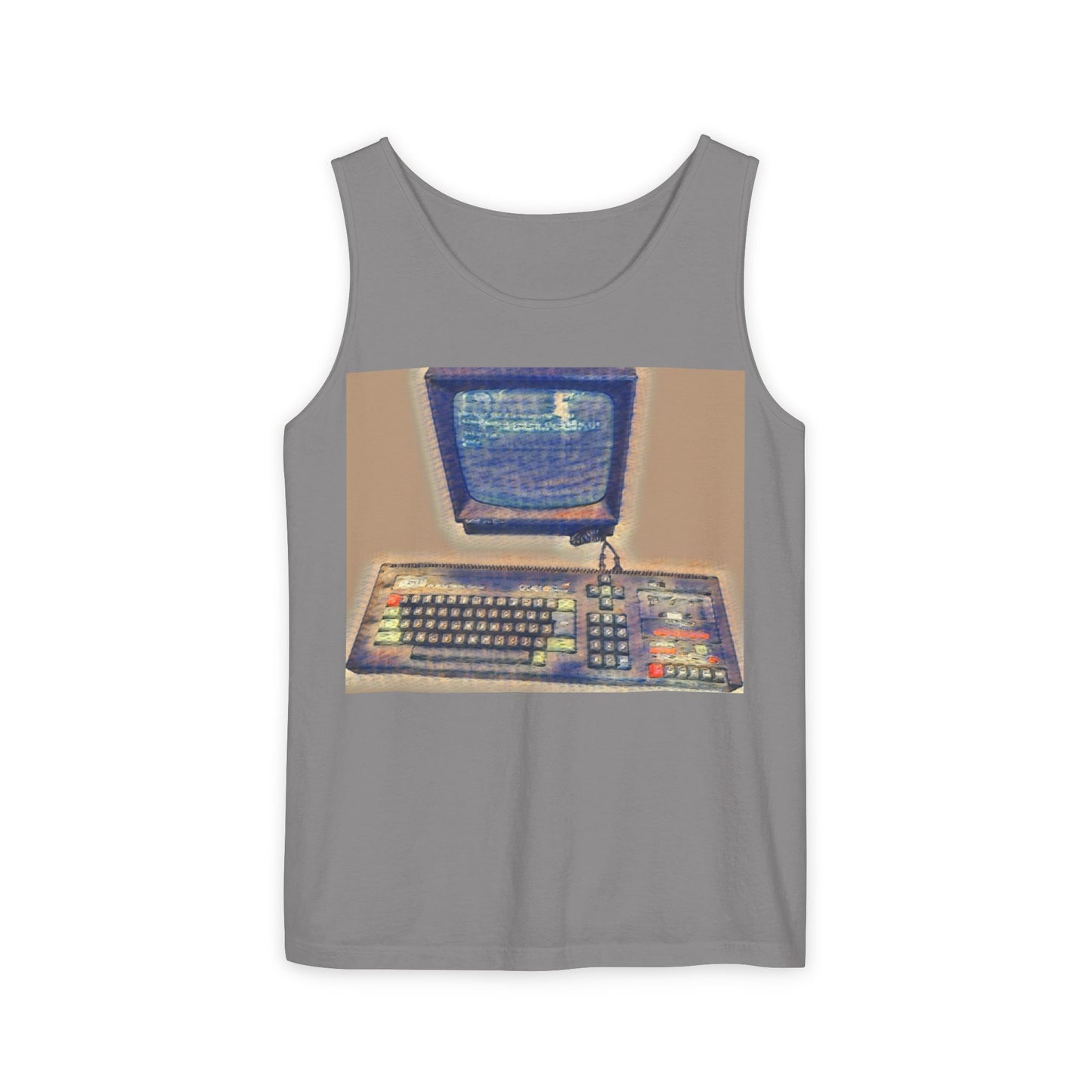 Classic 8 bit home computer inspired Tank Top | Sand Art Color | Unisex Retro Graphic Tee for Tech Lovers, Summer Fashion, Gift for Nerds, Festival Wear, 80s Style