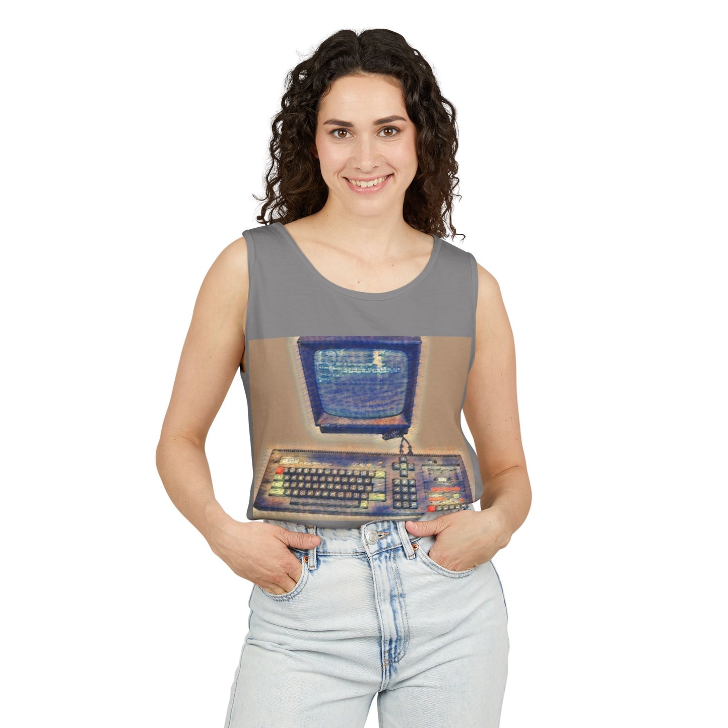Classic 8 bit home computer inspired Tank Top | Sand Art Color | Unisex Retro Graphic Tee for Tech Lovers, Summer Fashion, Gift for Nerds, Festival Wear, 80s Style
