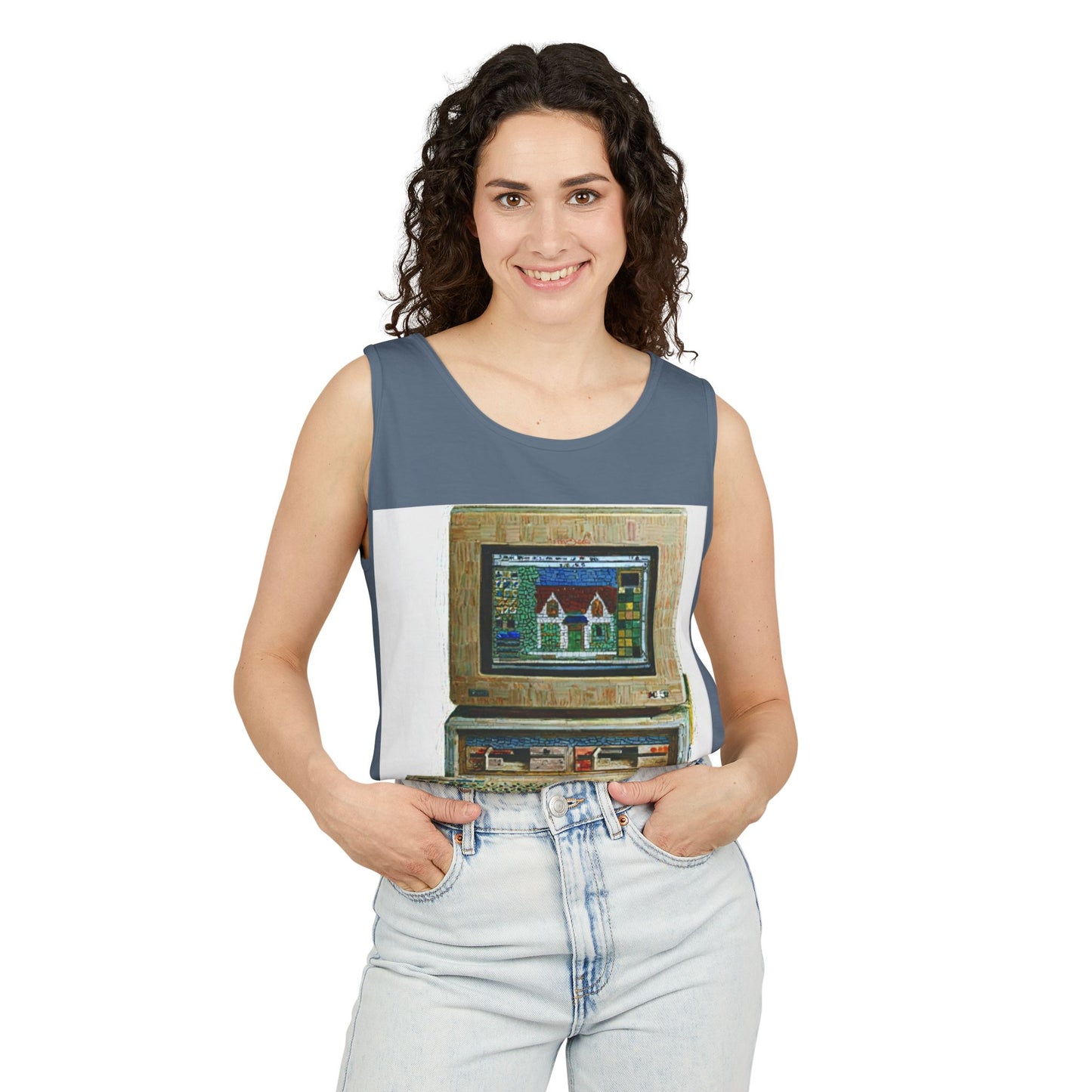 Classic business machine inspired Tank Top | Mosaic Art Color | Unisex Retro Graphic Tee for Tech Lovers, Summer Fashion, Gift for Nerds, Festival Wear, 80s Style