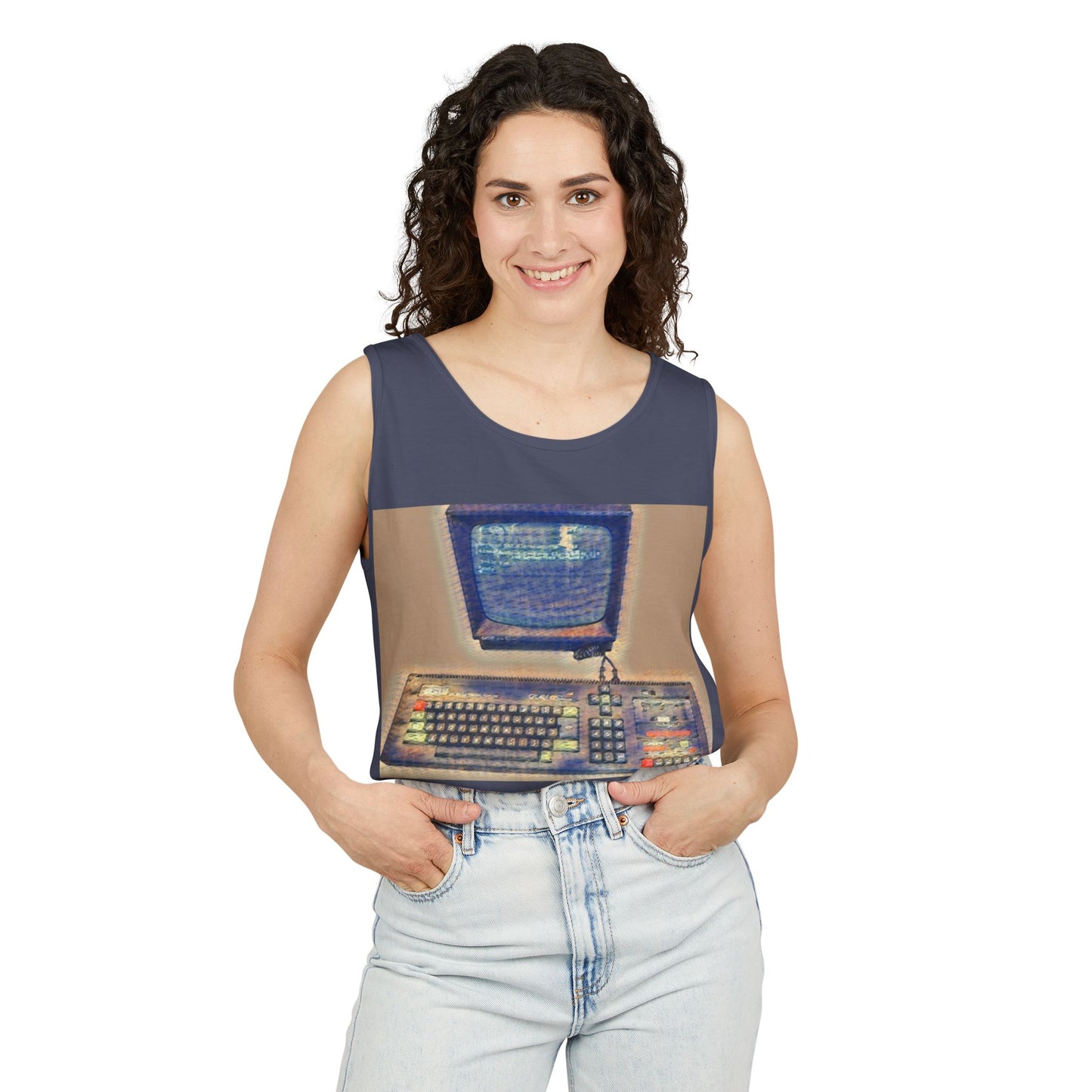 Classic 8 bit home computer inspired Tank Top | Sand Art Color | Unisex Retro Graphic Tee for Tech Lovers, Summer Fashion, Gift for Nerds, Festival Wear, 80s Style